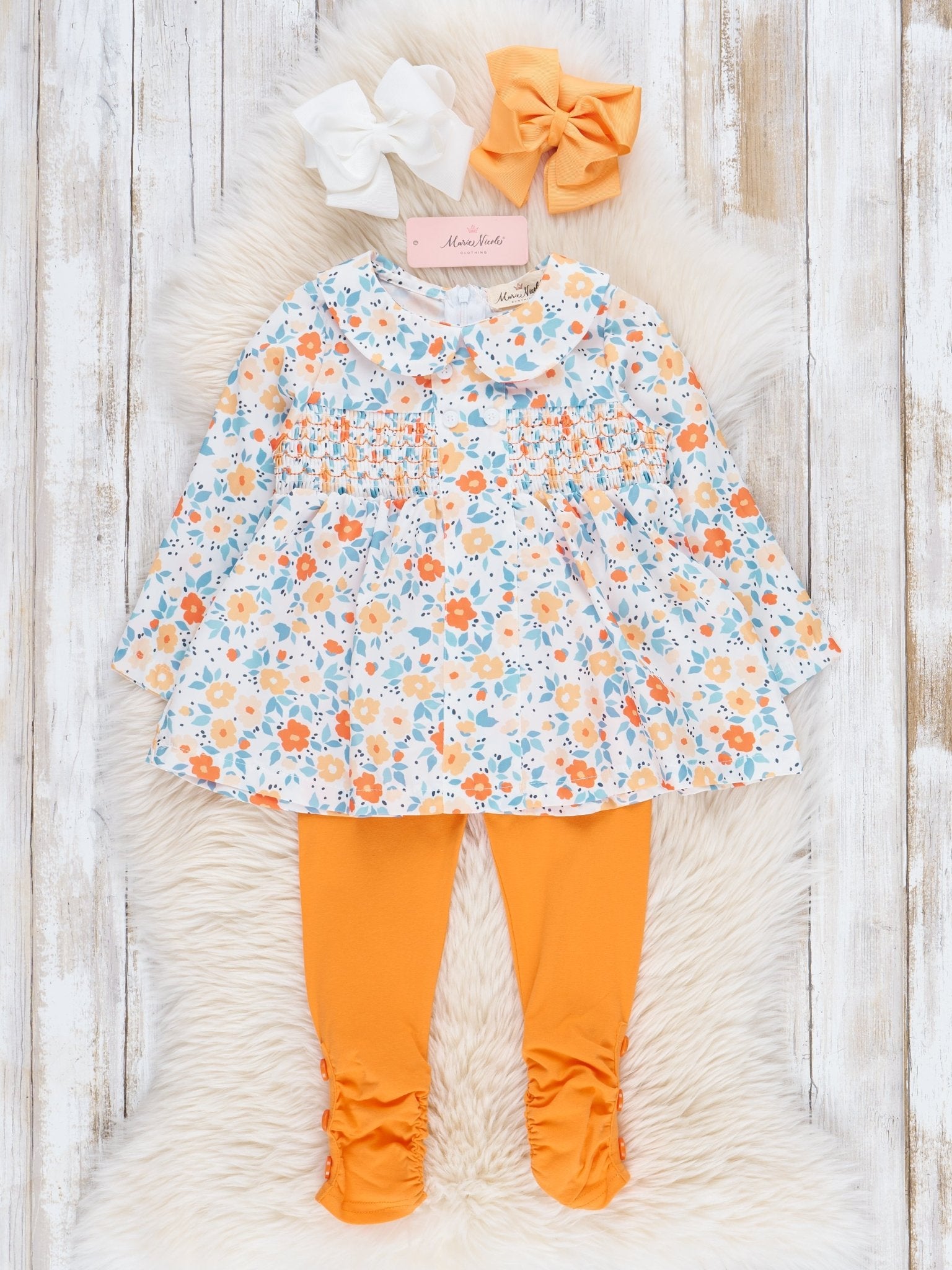 Sweet Orange Smocked Vintage Garden Outfit - Marie Nicole Clothing