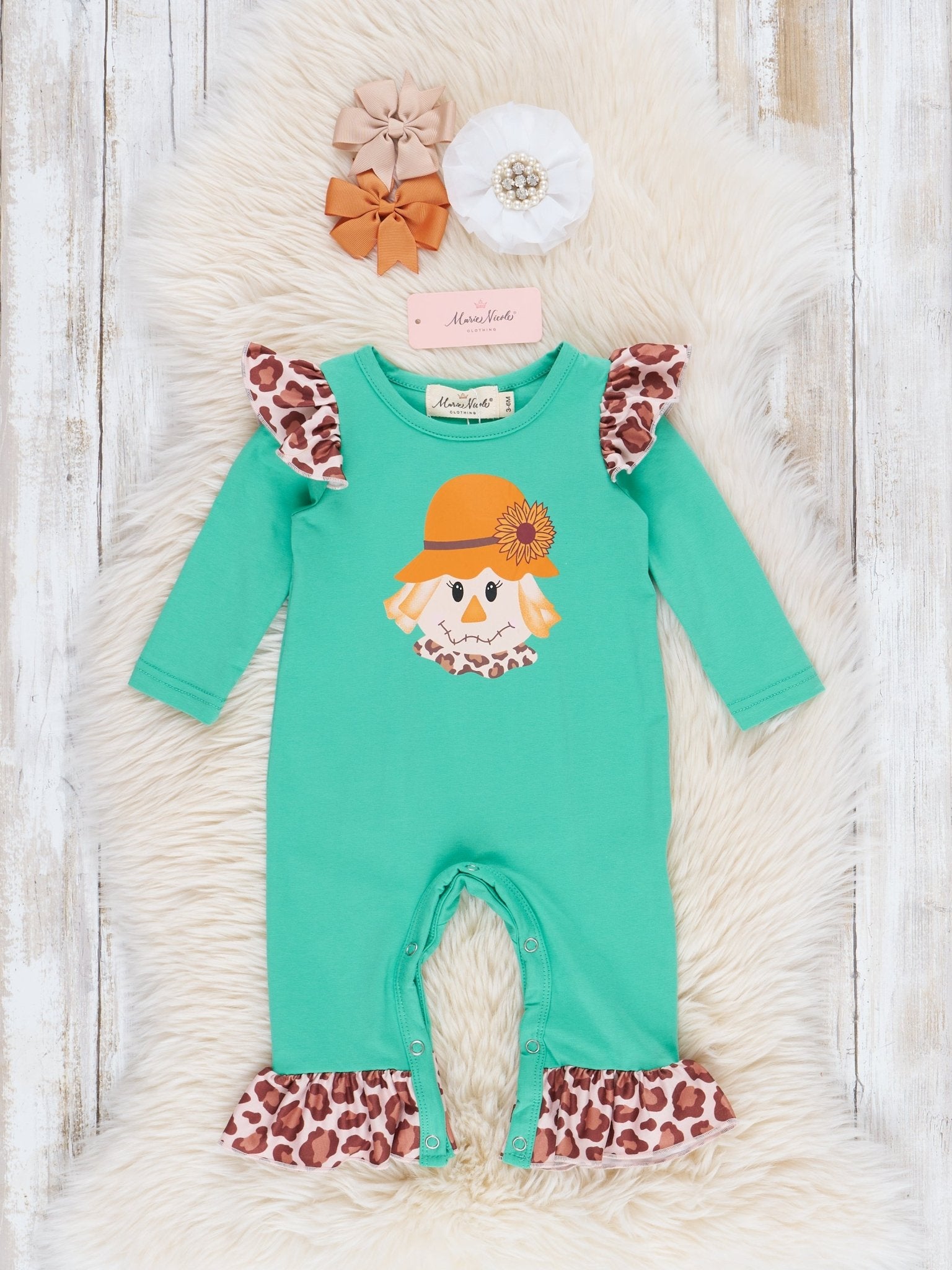 Green & Leopard Scarecrow Ruffle Romper - Marie Nicole Clothing