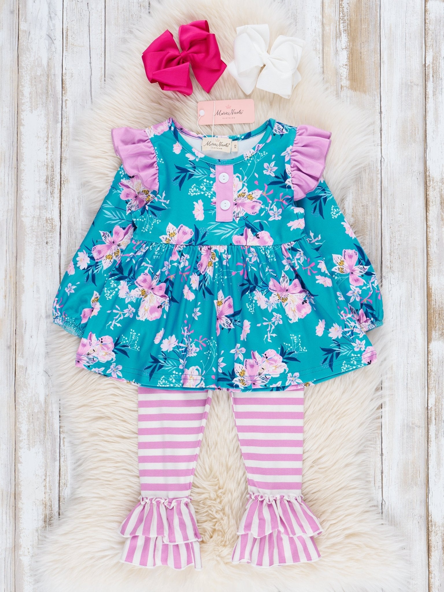 Blue Florals & Purple Stripes Ruffle Outfit - Marie Nicole Clothing