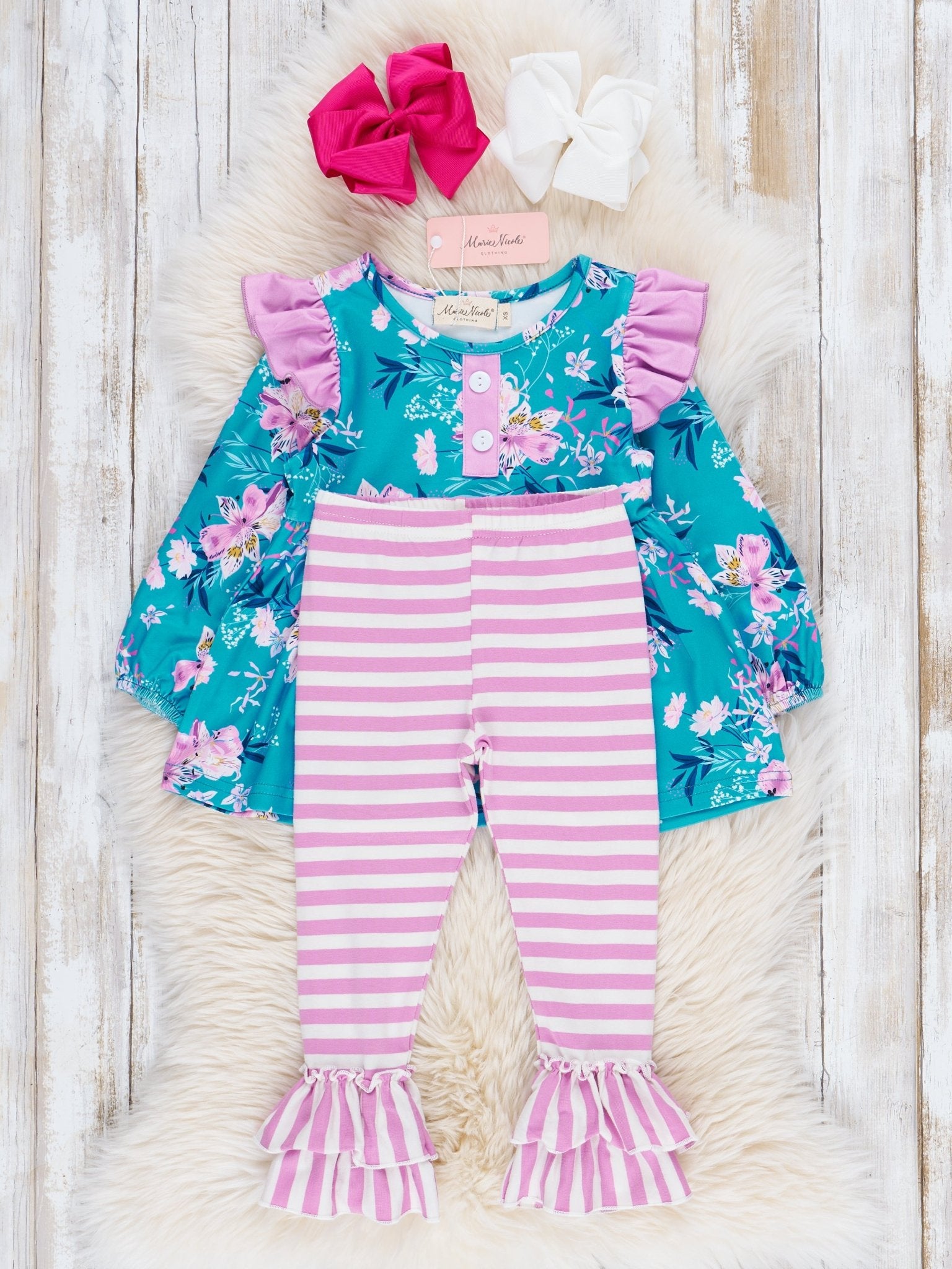 Blue Florals & Purple Stripes Ruffle Outfit - Marie Nicole Clothing