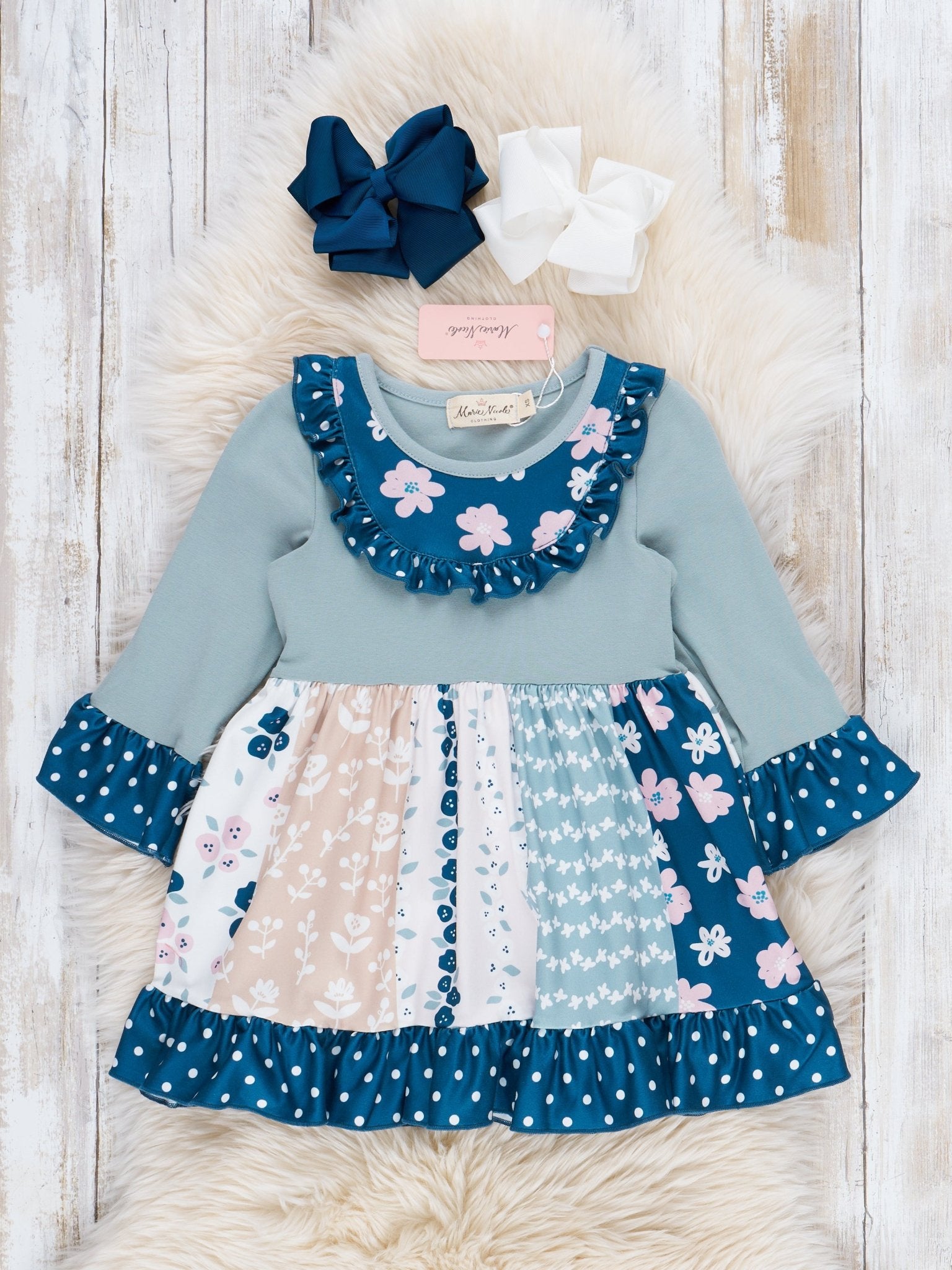 Blue Doodle Garden Ruffle Dress - Marie Nicole Clothing