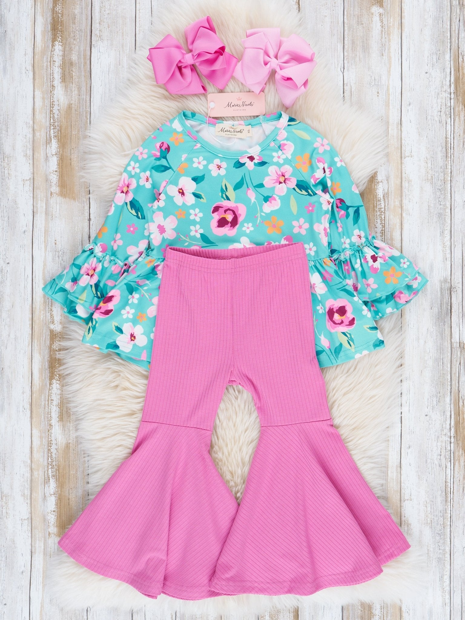 Teal & Magenta Florals Ribbed Bell Bottoms Outfit - Marie Nicole Clothing