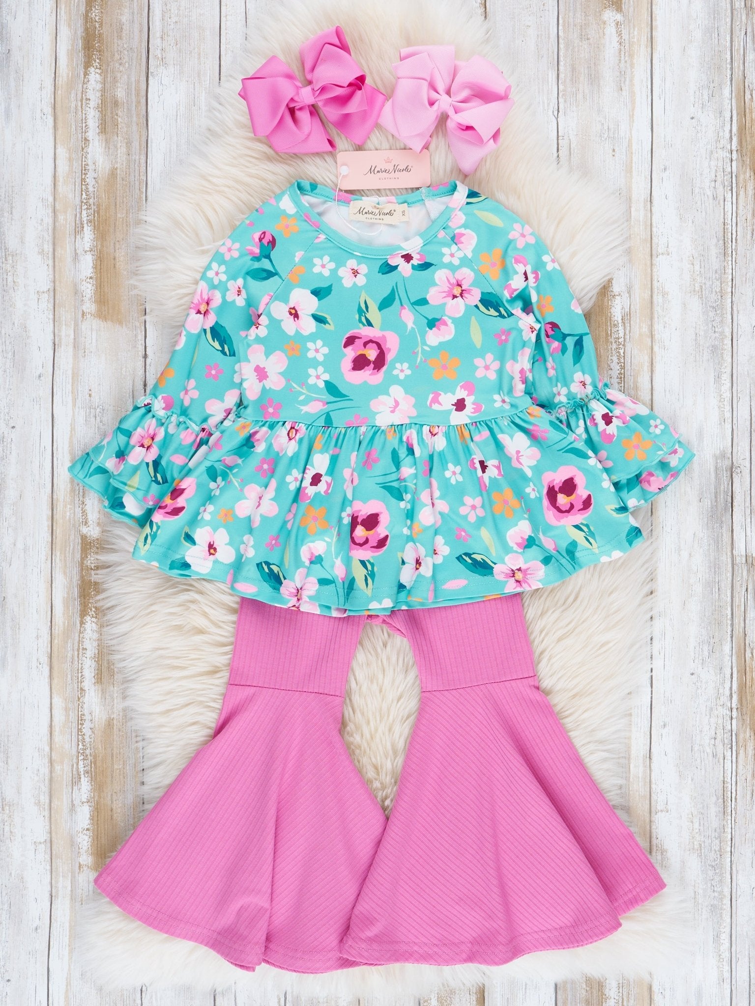 Teal & Magenta Florals Ribbed Bell Bottoms Outfit - Marie Nicole Clothing