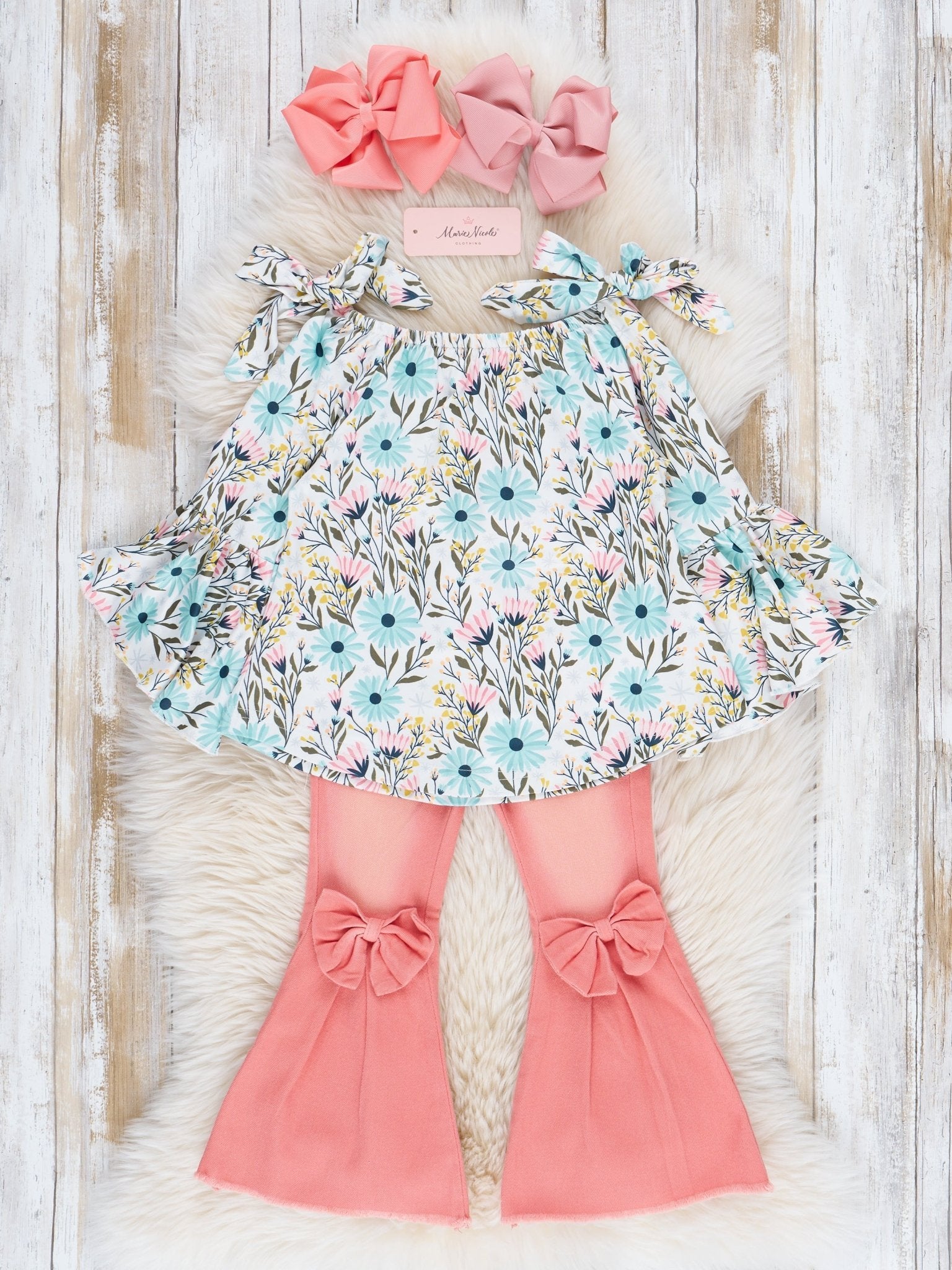 Floral Bell Sleeves & Coral Bow Bell Bottoms Outfit - Marie Nicole Clothing