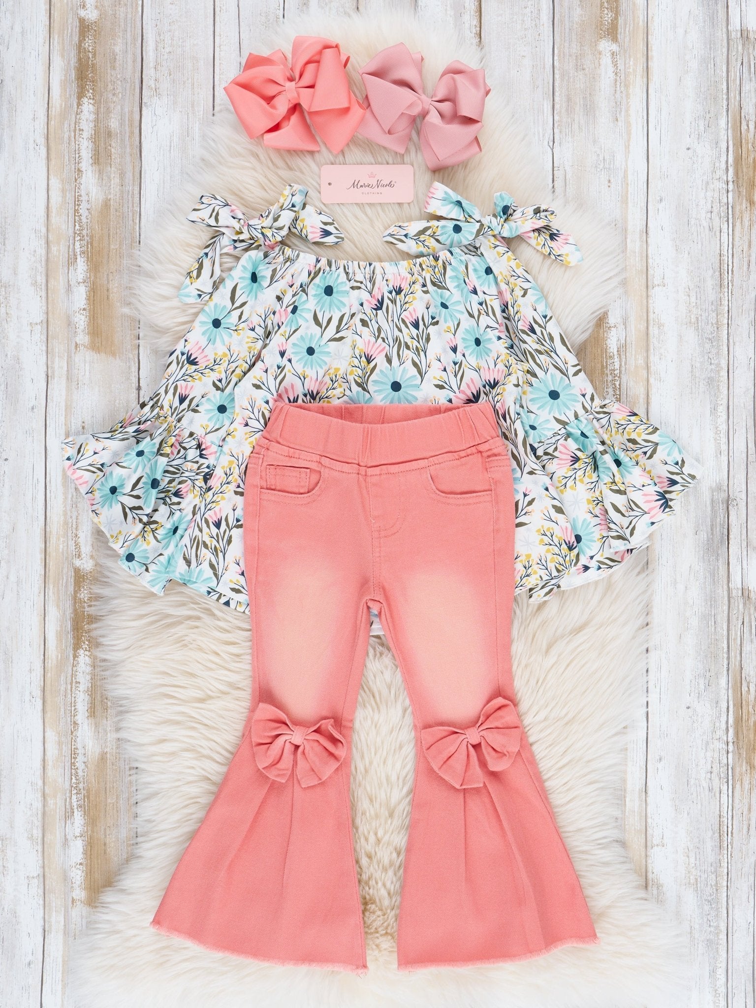 Floral Bell Sleeves & Coral Bow Bell Bottoms Outfit - Marie Nicole Clothing