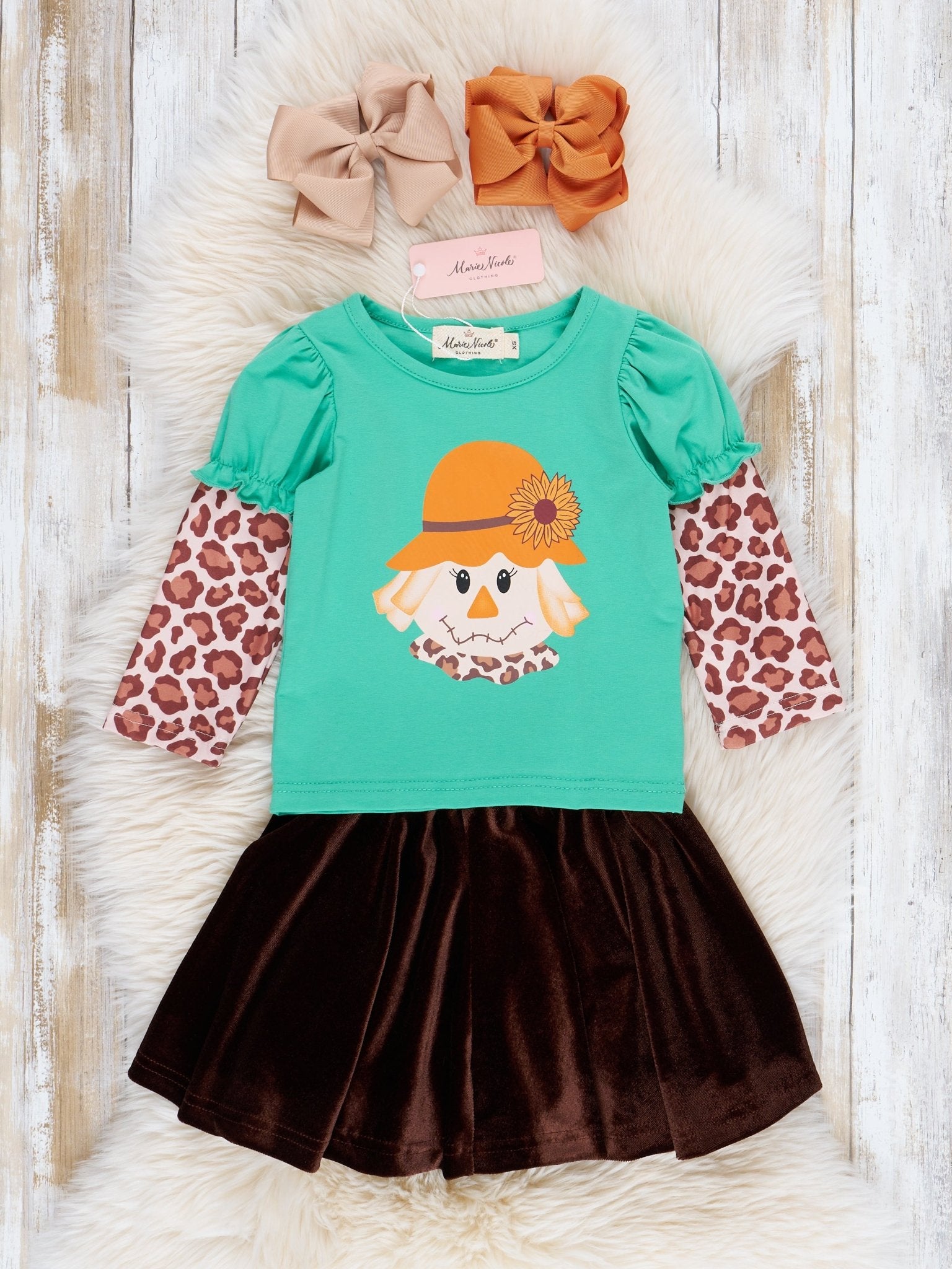Green & Leopard Scarecrow Velvet Skirt Set - Marie Nicole Clothing