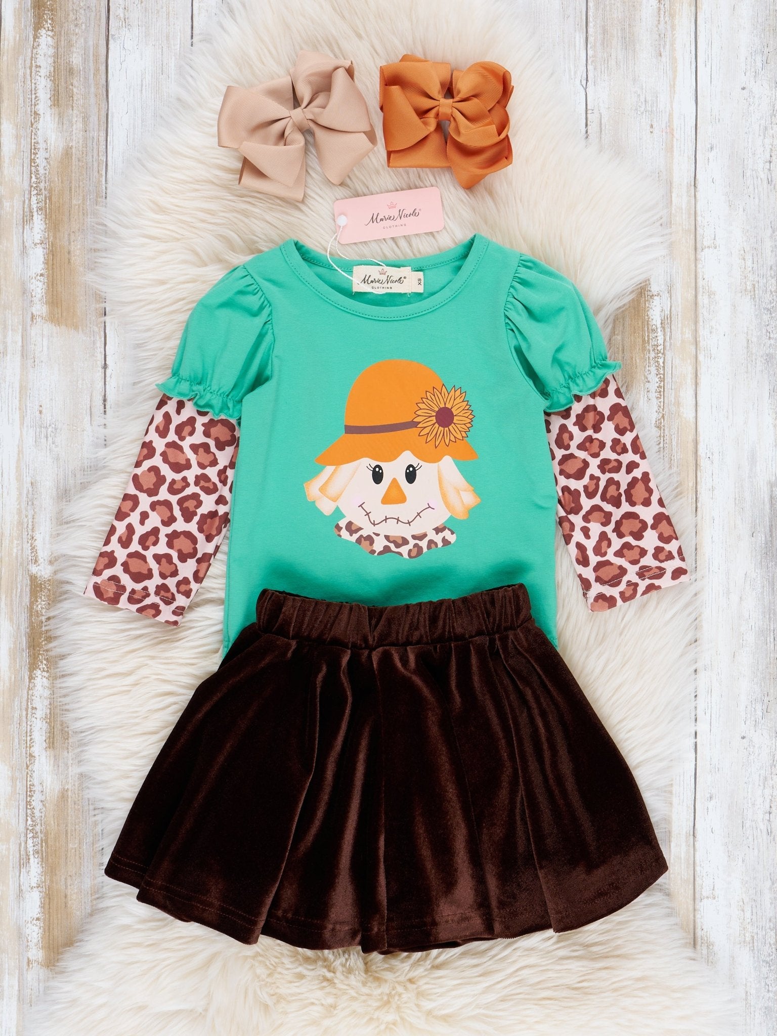 Green & Leopard Scarecrow Velvet Skirt Set - Marie Nicole Clothing