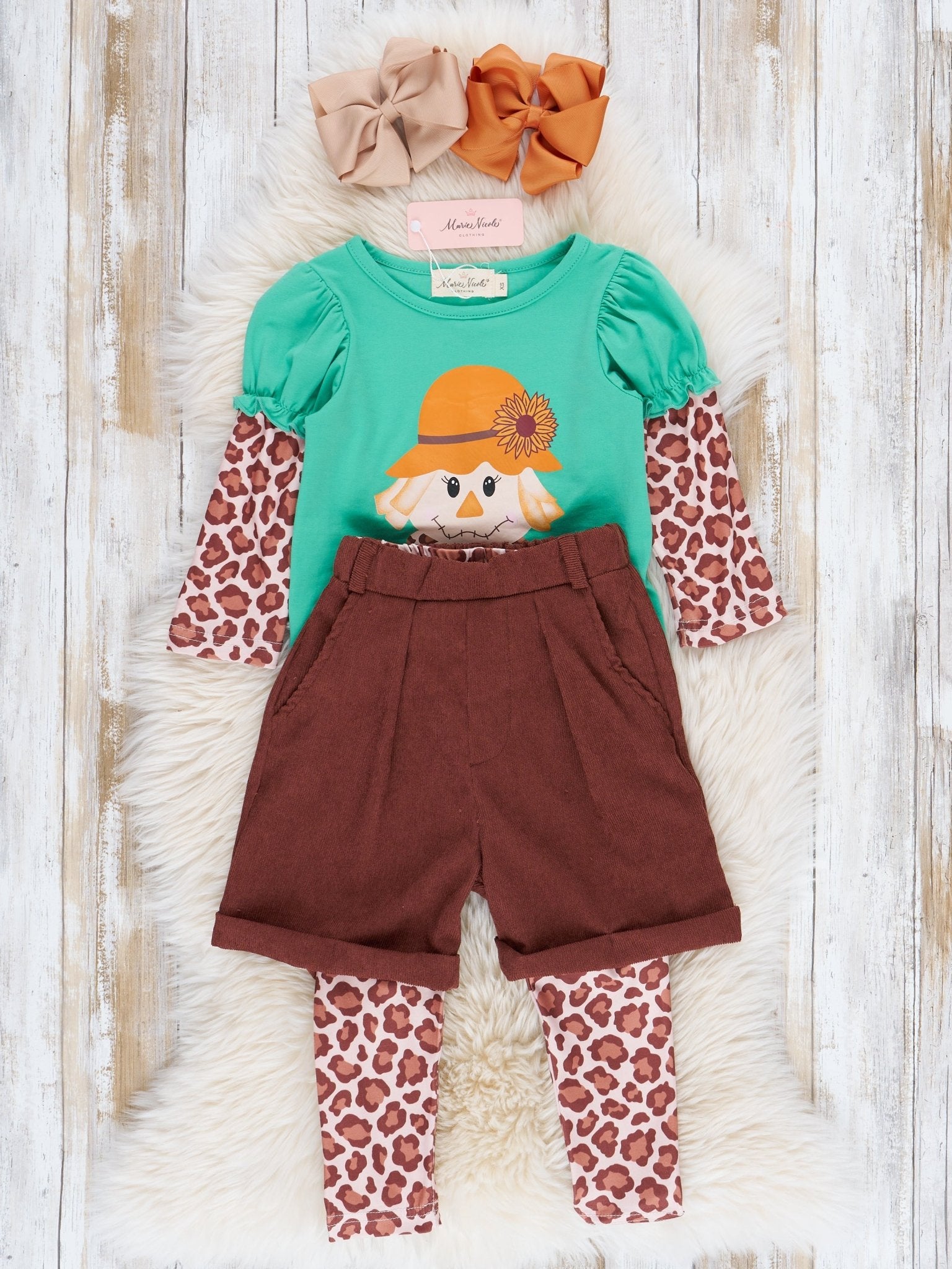 Green & Leopard Scarecrow Corduroy 3 Piece Set - Marie Nicole Clothing