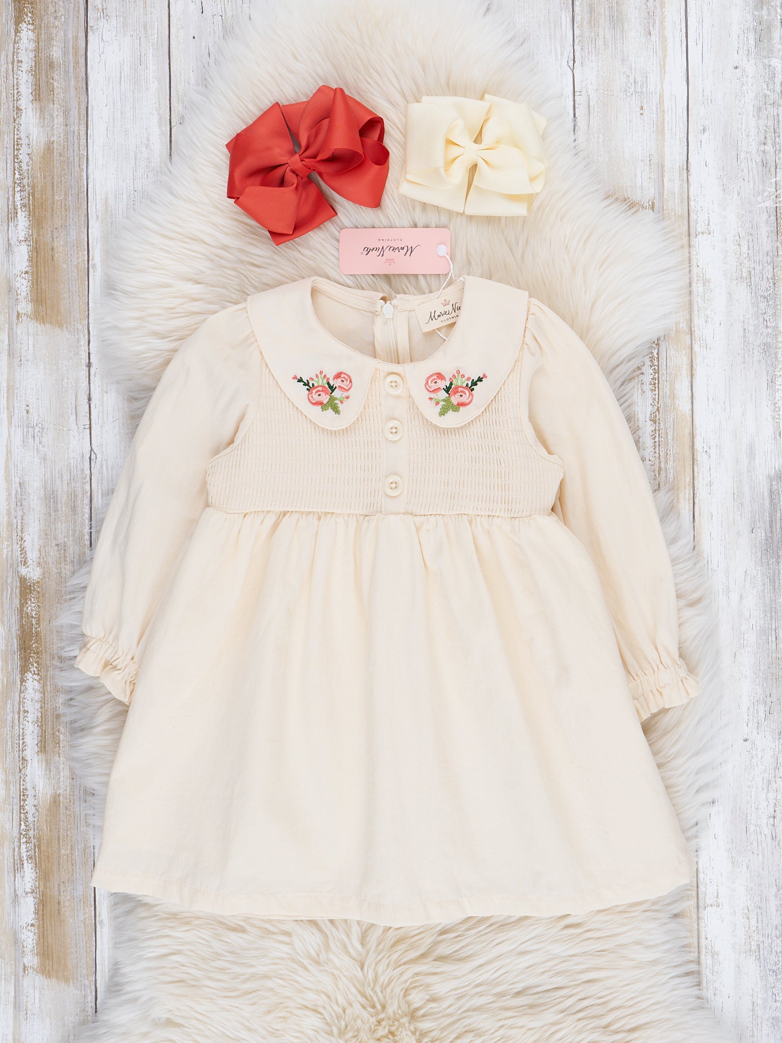 Cream Smocked Embroidered Blooms Dress - Marie Nicole Clothing
