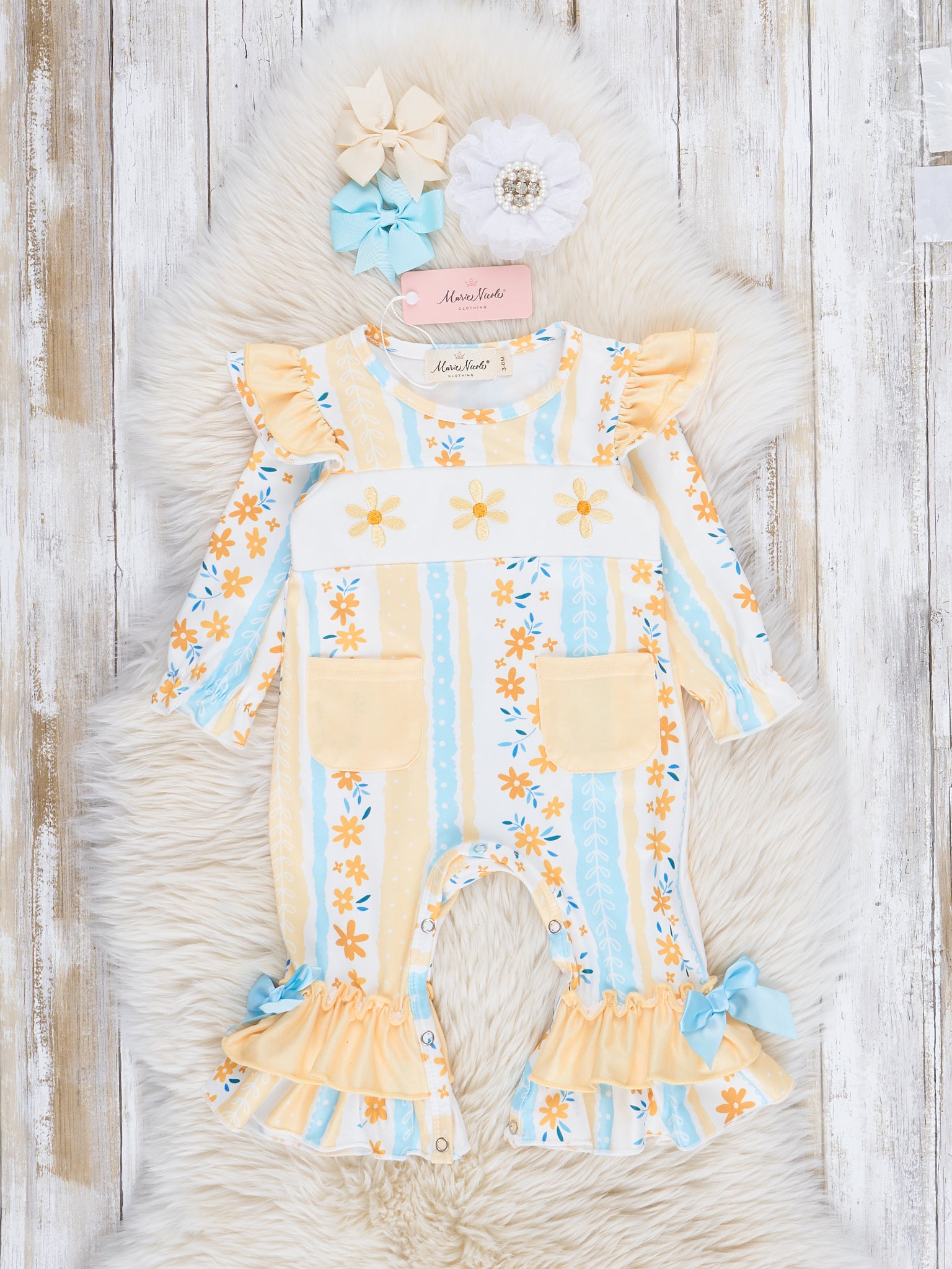 Yellow & Blue Floral Patch Ruffle Romper - Marie Nicole Clothing