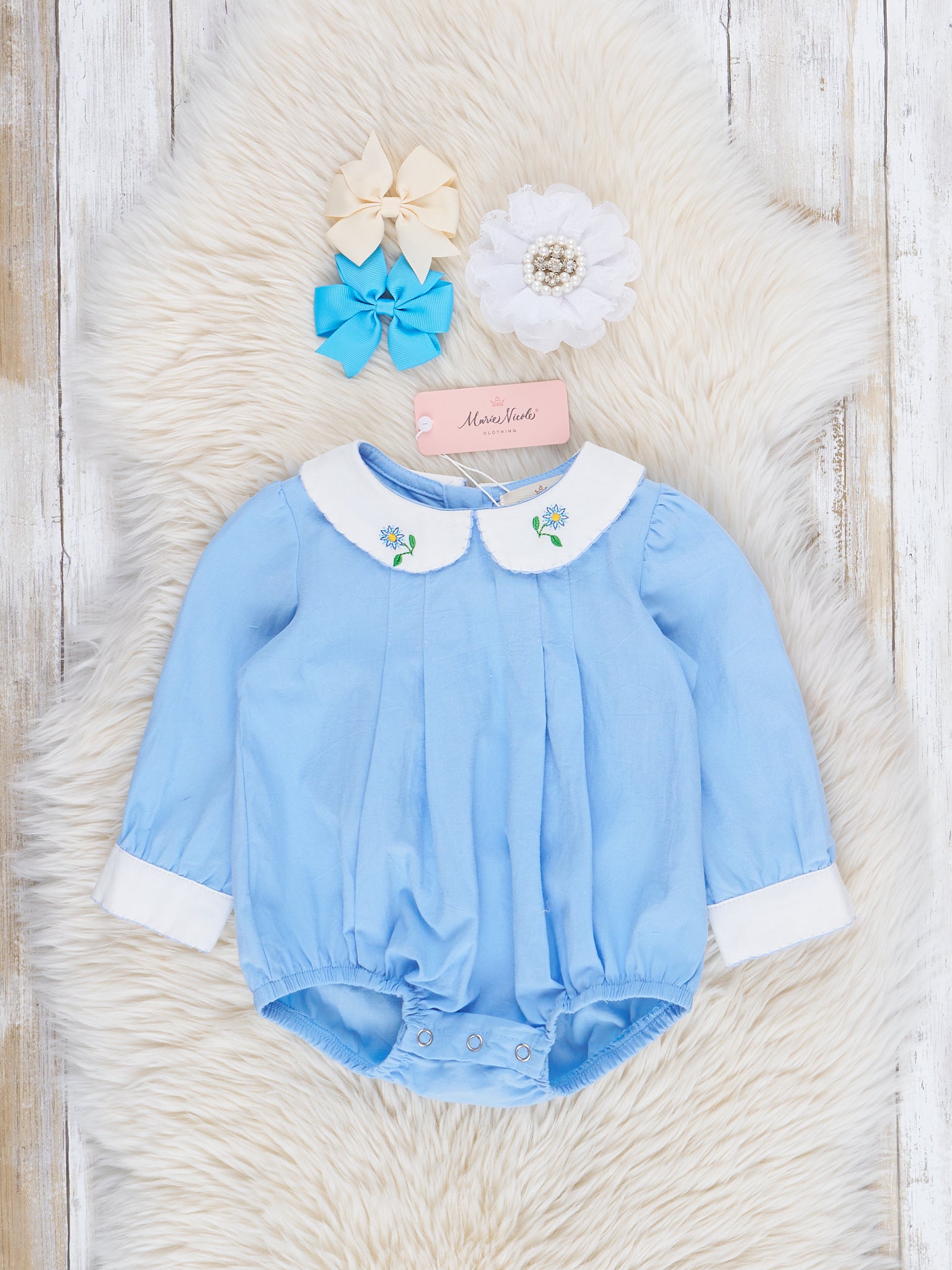 Blue Embroidered Blooms Bubble Romper - Marie Nicole Clothing