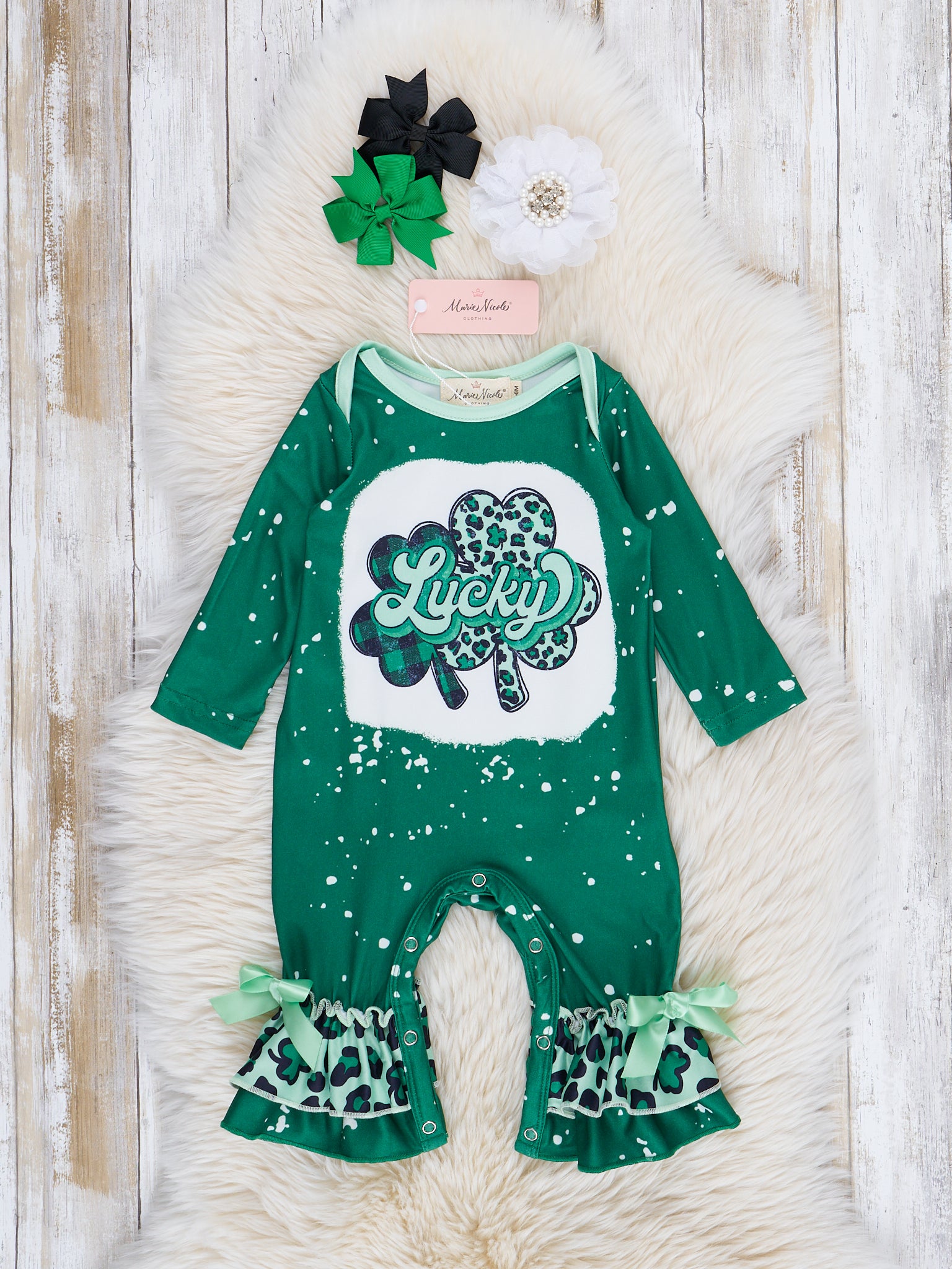 Green Lucky Leopard Ruffle Romper - Marie Nicole Clothing