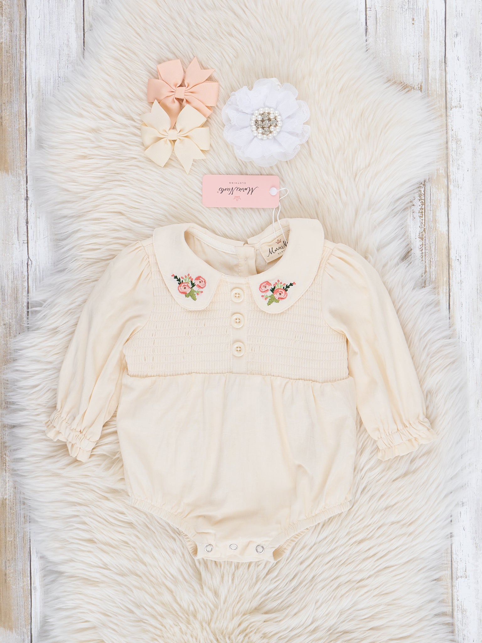 Cream Smocked Embroidered Blooms Bubble Romper - Marie Nicole Clothing