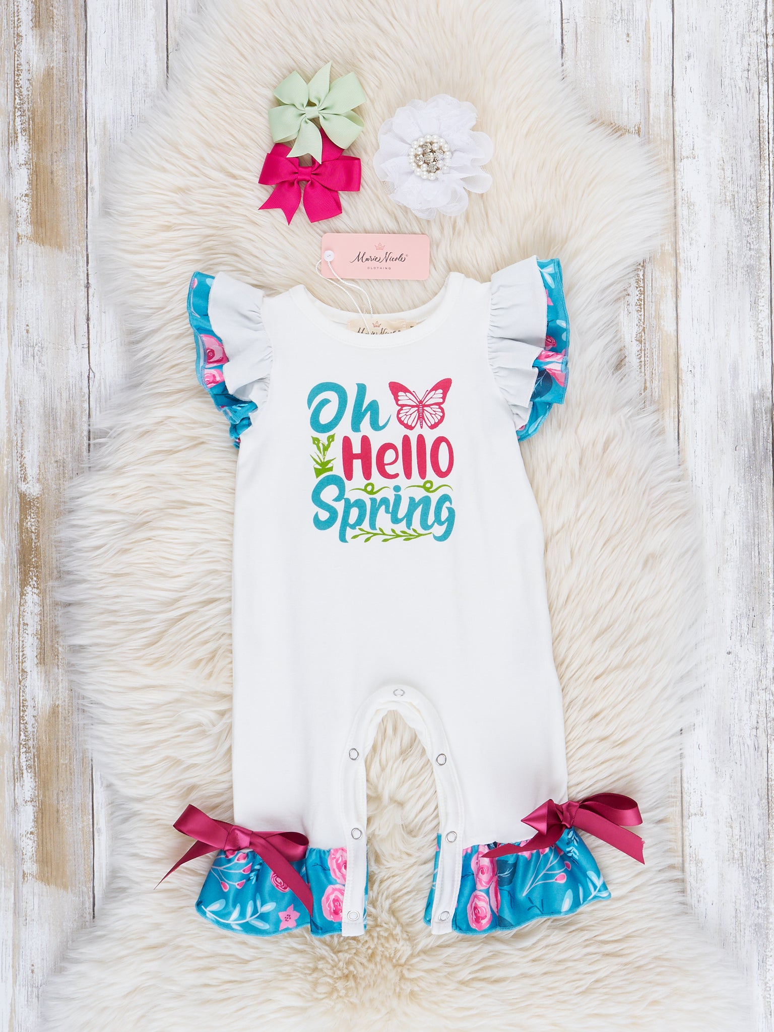 Blue & White Floral Spring Greetings Ruffle Romper - Marie Nicole Clothing