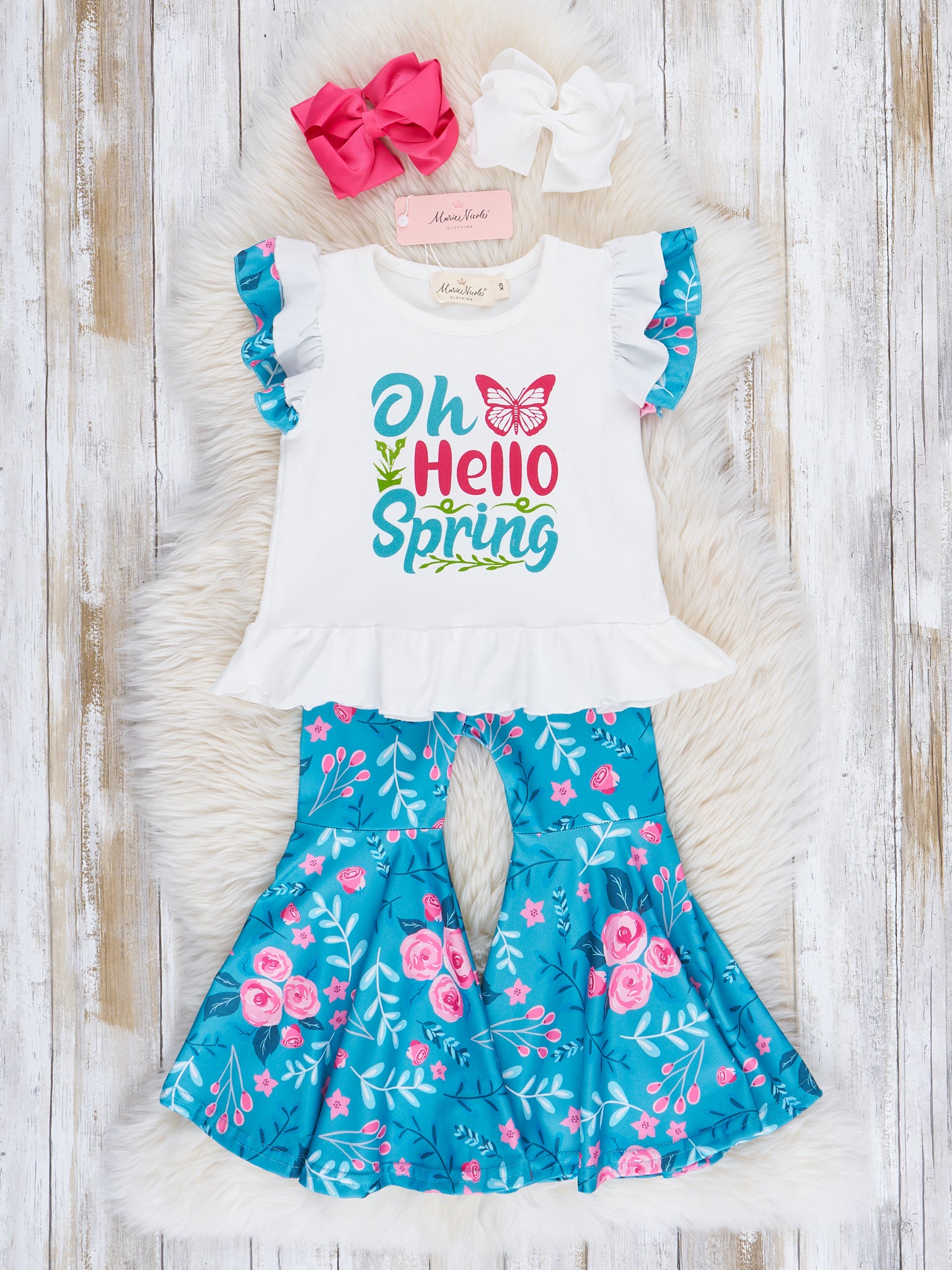 Blue & White Floral Spring Greetings Bell Bottom Outfit - Marie Nicole Clothing