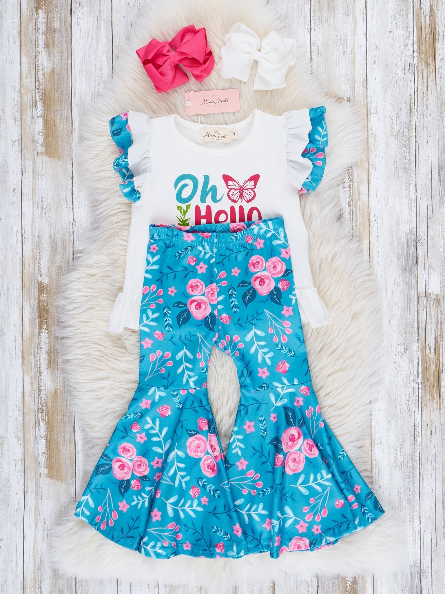 Blue & White Floral Spring Greetings Bell Bottom Outfit - Marie Nicole Clothing
