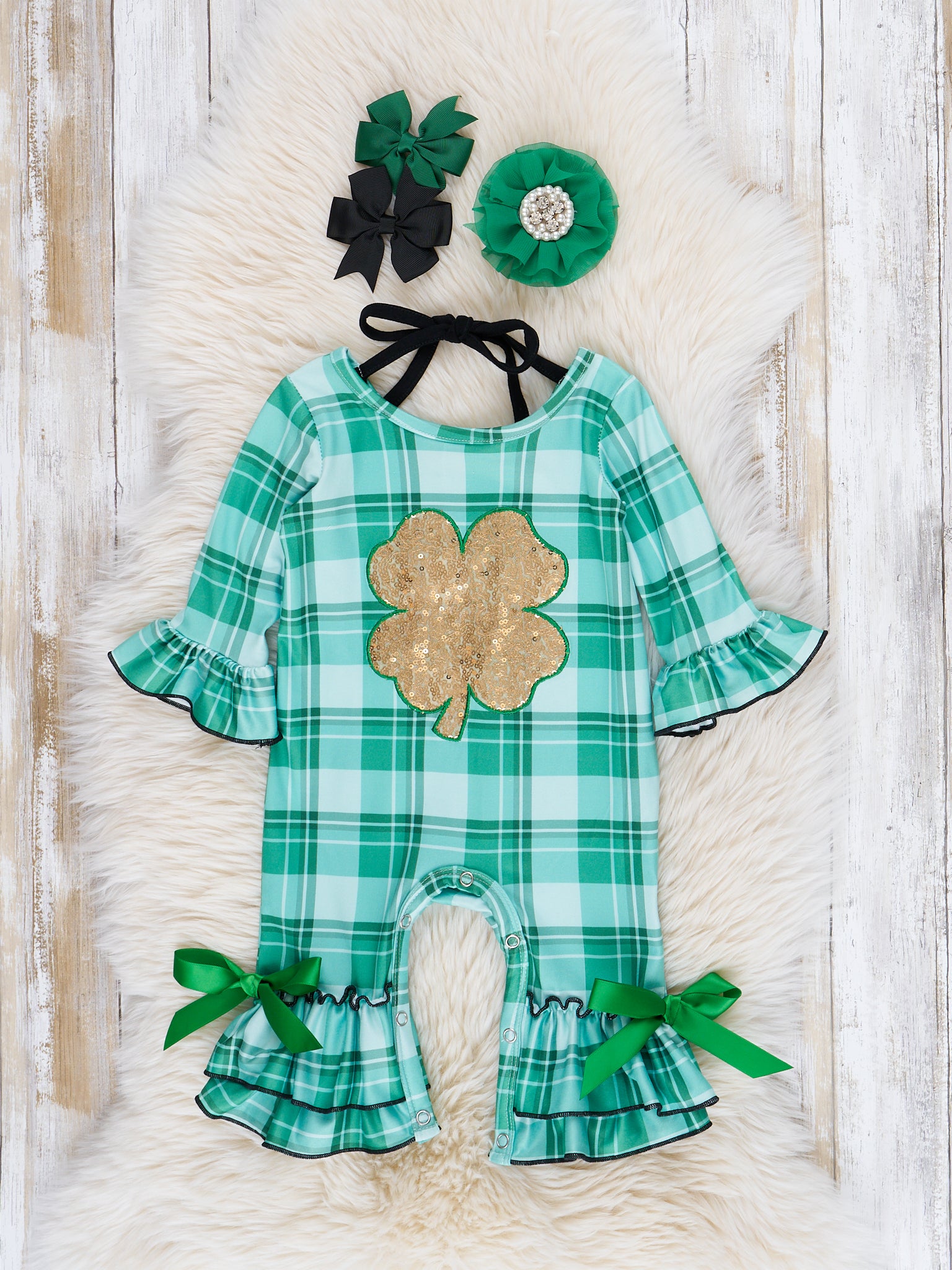 Green Sequin Shamrock Plaid Ruffle Romper - Marie Nicole Clothing