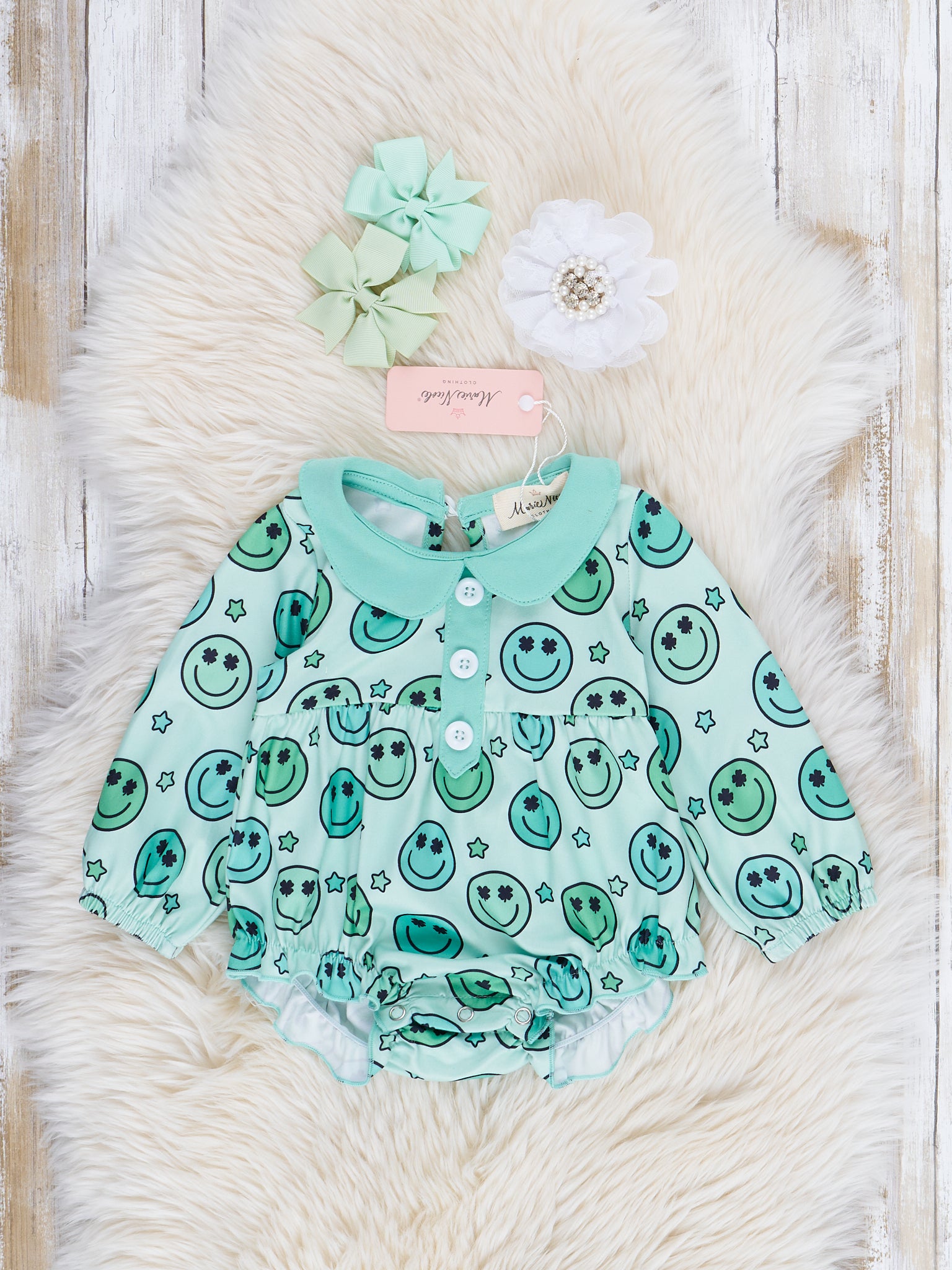 Mint Smileys Ruffle Bubble Romper - Marie Nicole Clothing