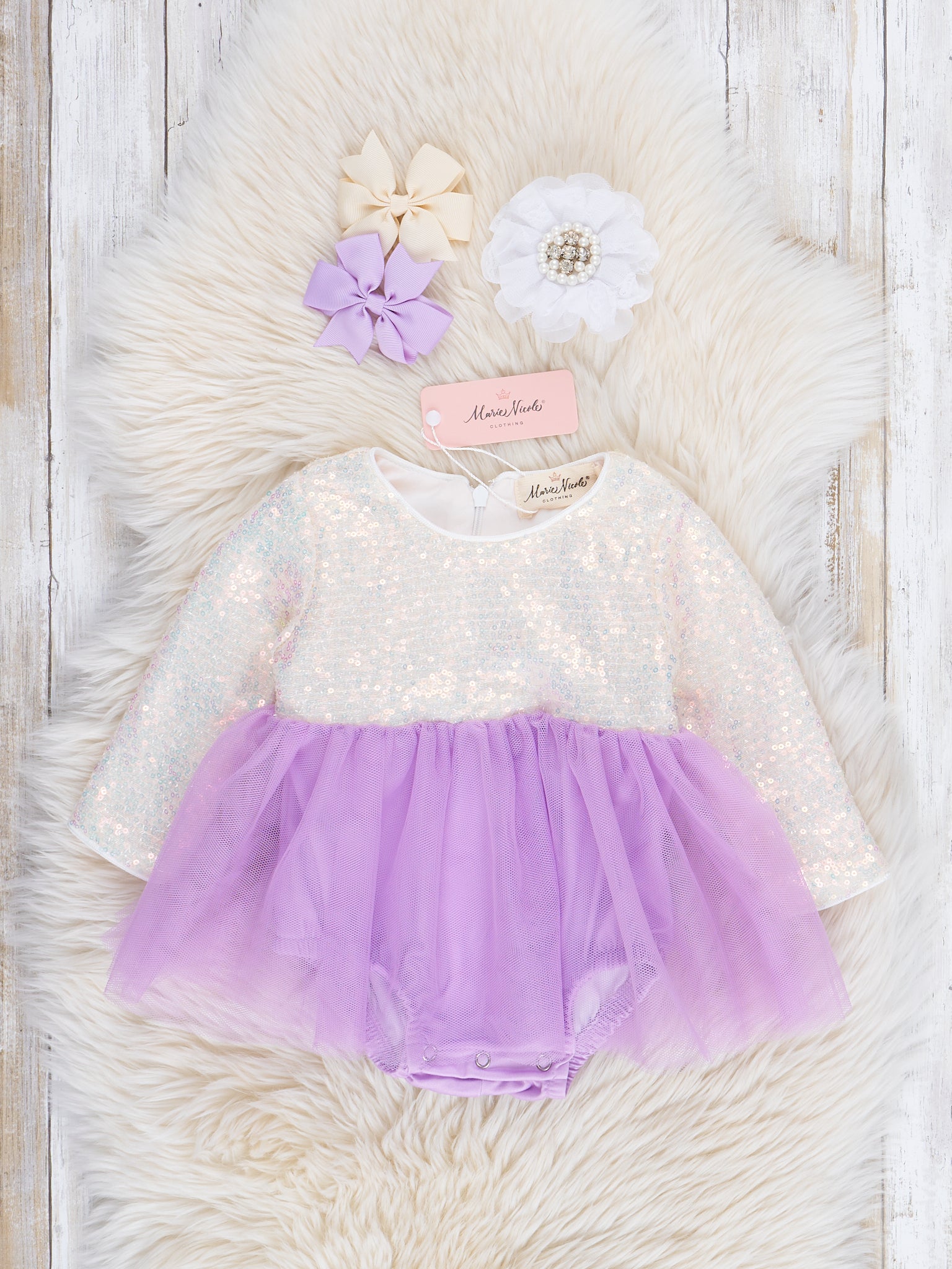 Lilac Sequin Top Tulle Bubble Romper - Marie Nicole Clothing