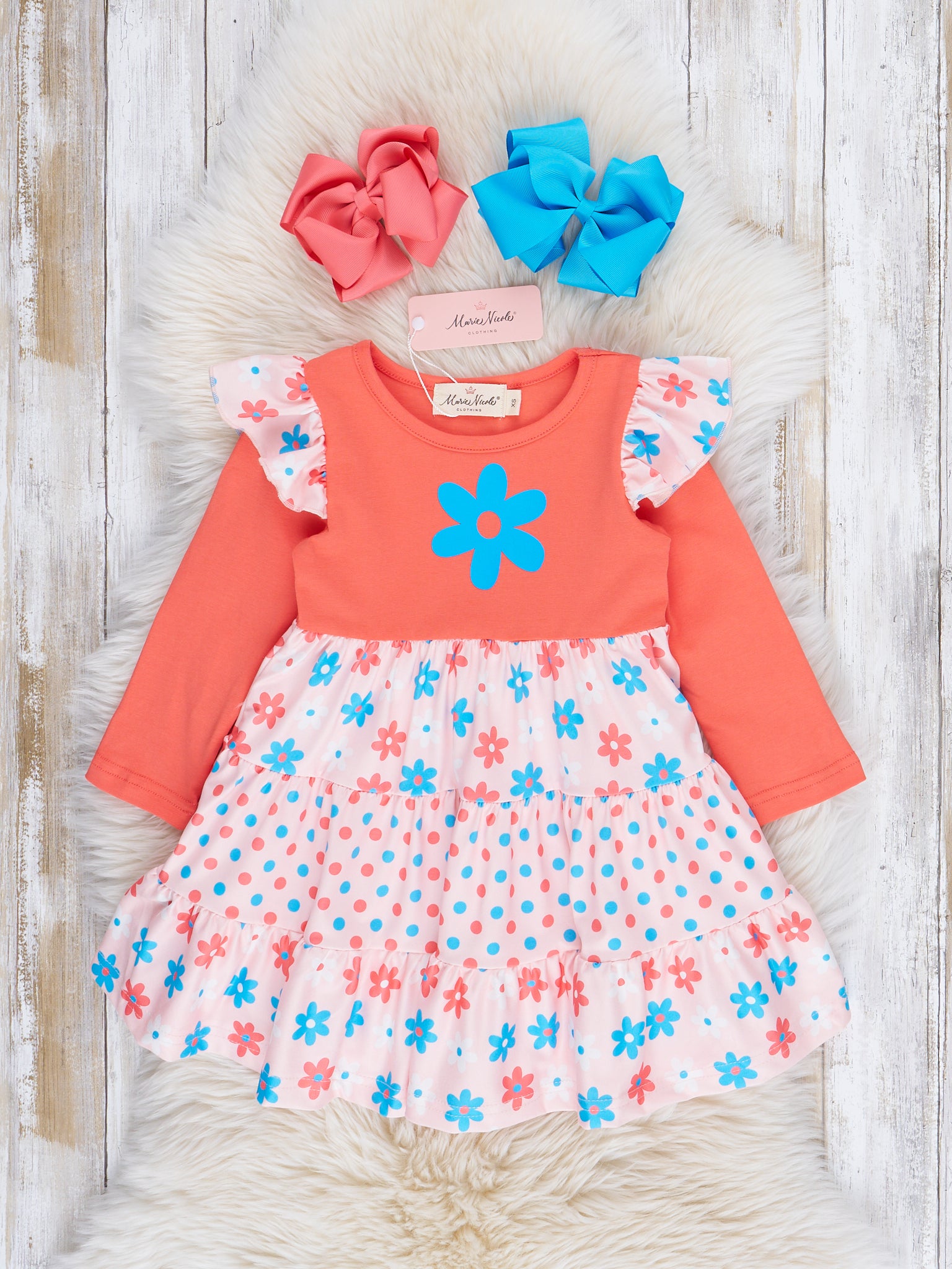 Blue & Orange Daisies Ruffle Dress - Marie Nicole Clothing