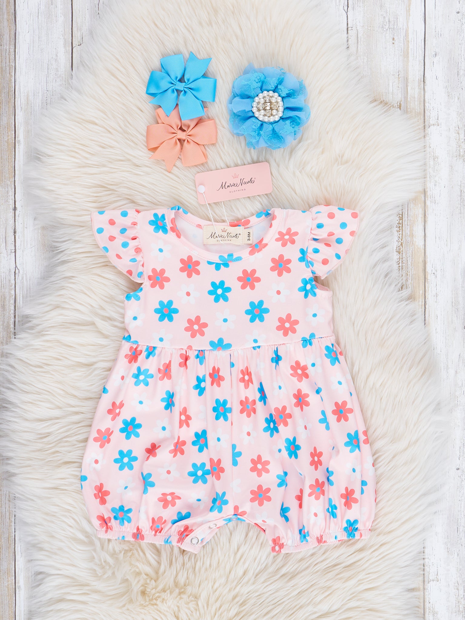 Blue & Orange Daisies Ruffle Romper - Marie Nicole Clothing