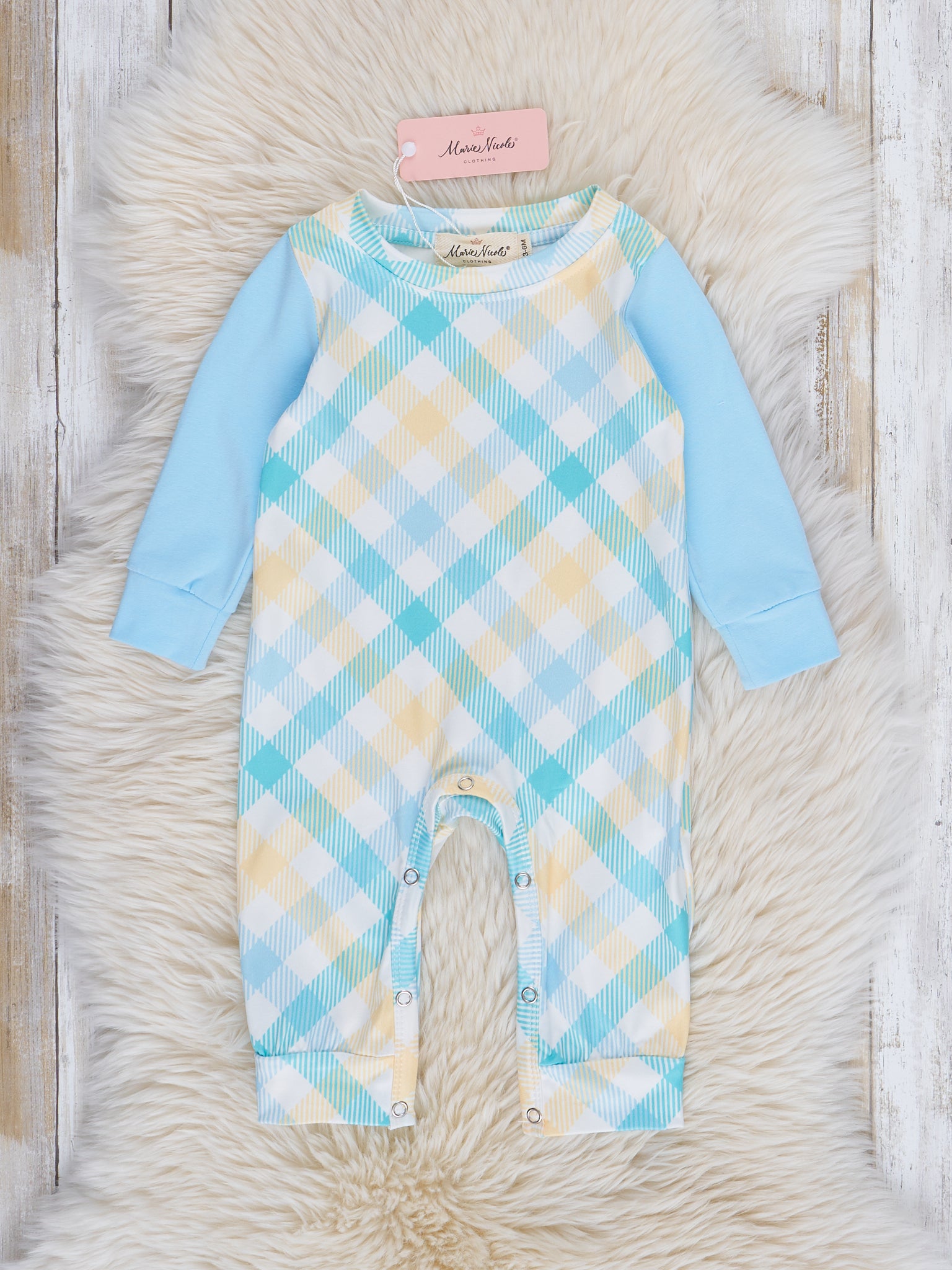Yellow & Blue Plaid Raglan Romper - Marie Nicole Clothing