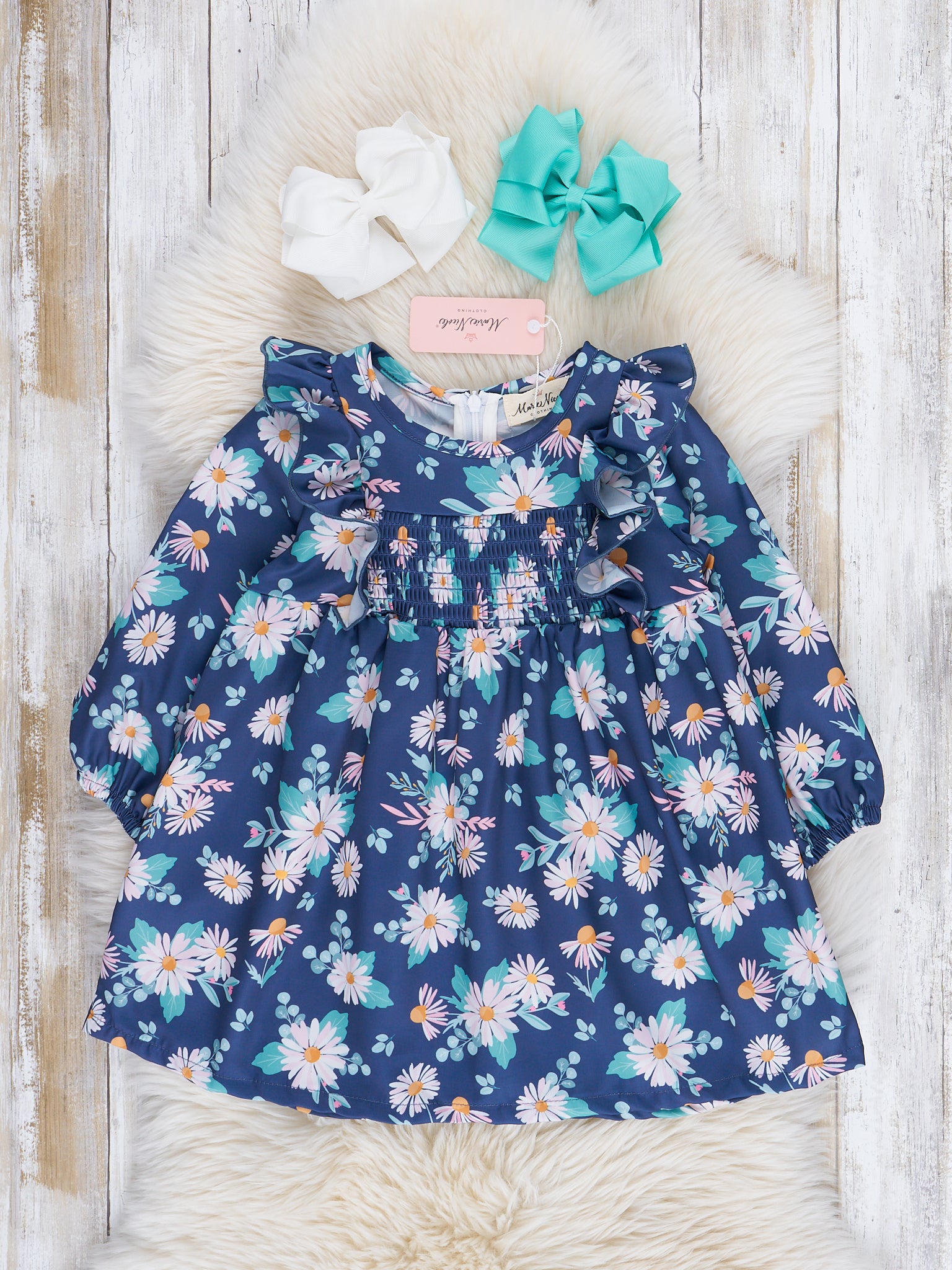 Navy Daisies Smocked Ruffle Dress - Marie Nicole Clothing