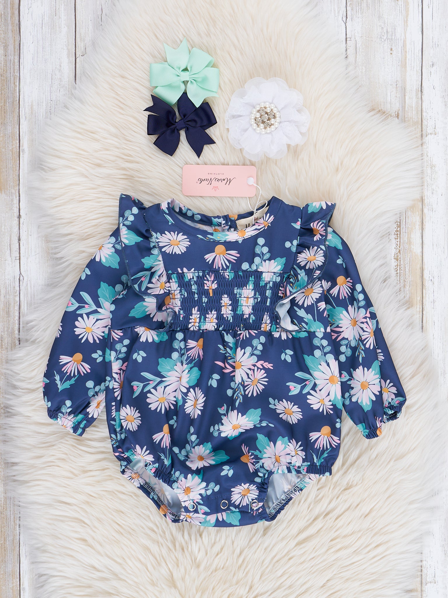 Navy Daisies Smocked Ruffle Bubble Romper - Marie Nicole Clothing