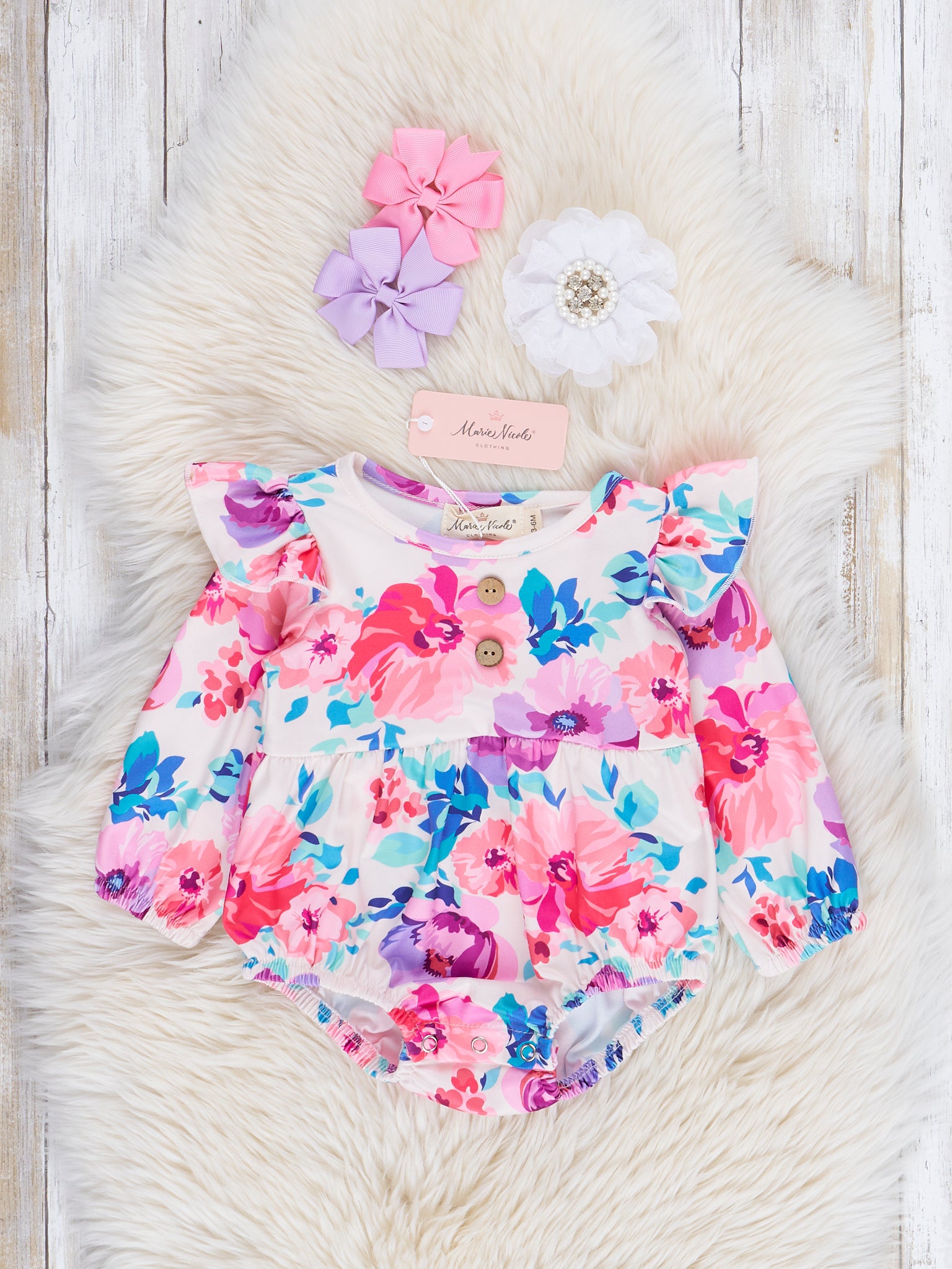 Magenta Watercolor Florals Ruffle Bubble Romper - Marie Nicole Clothing