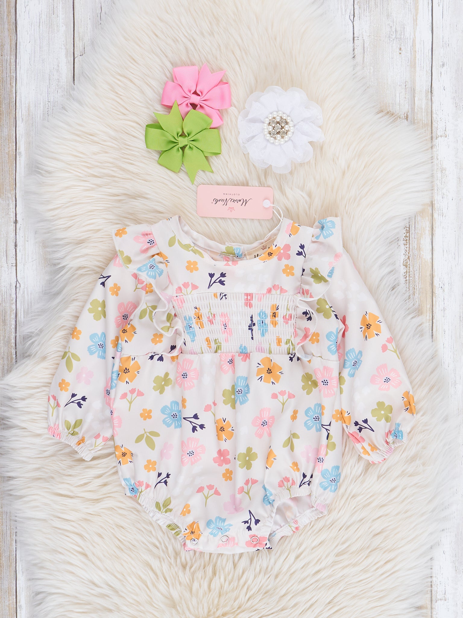 White Wildflowers Smocked Ruffle Bubble Romper - Marie Nicole Clothing
