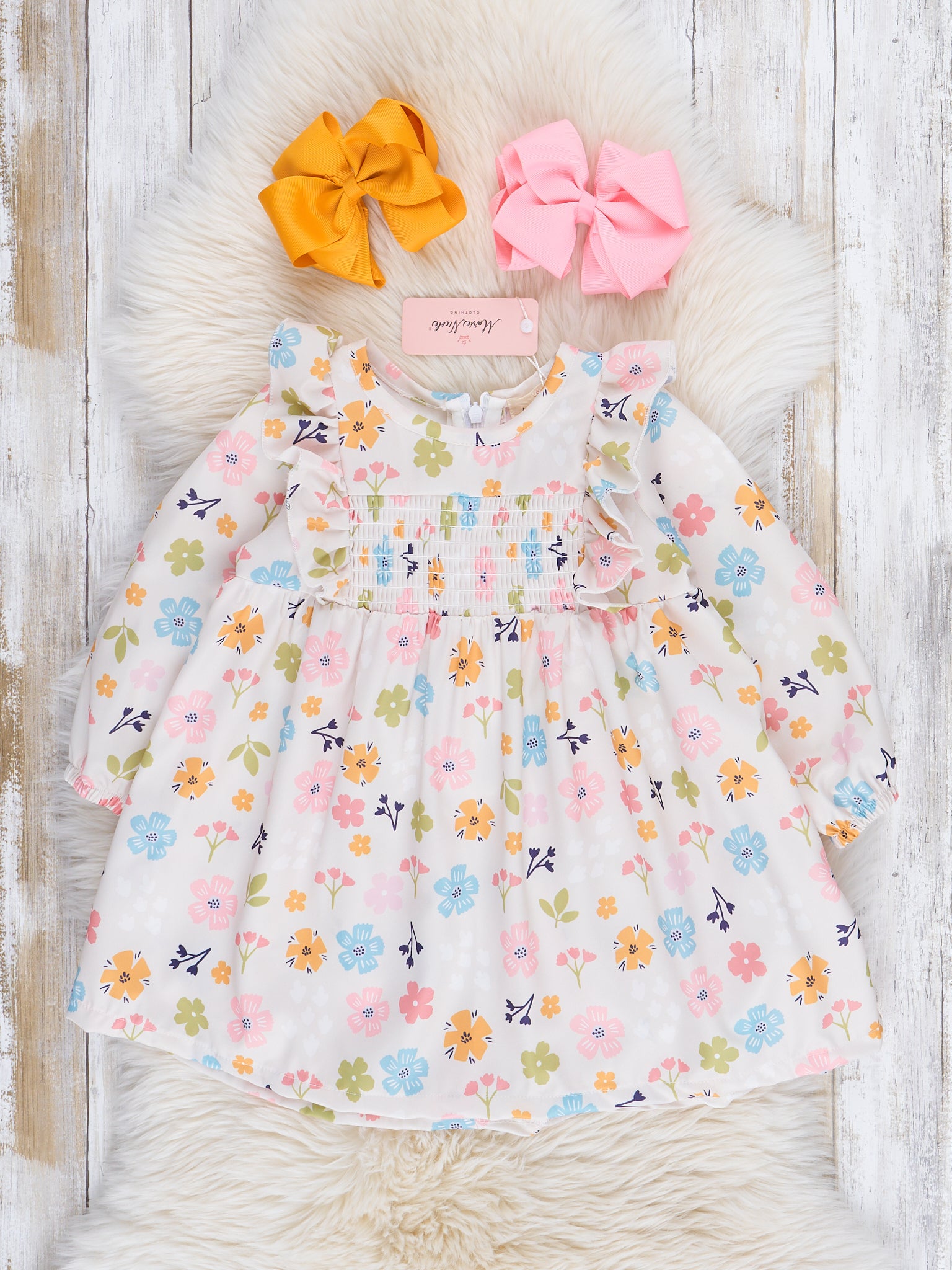 White Wildflowers Smocked Ruffle Dress - Marie Nicole Clothing