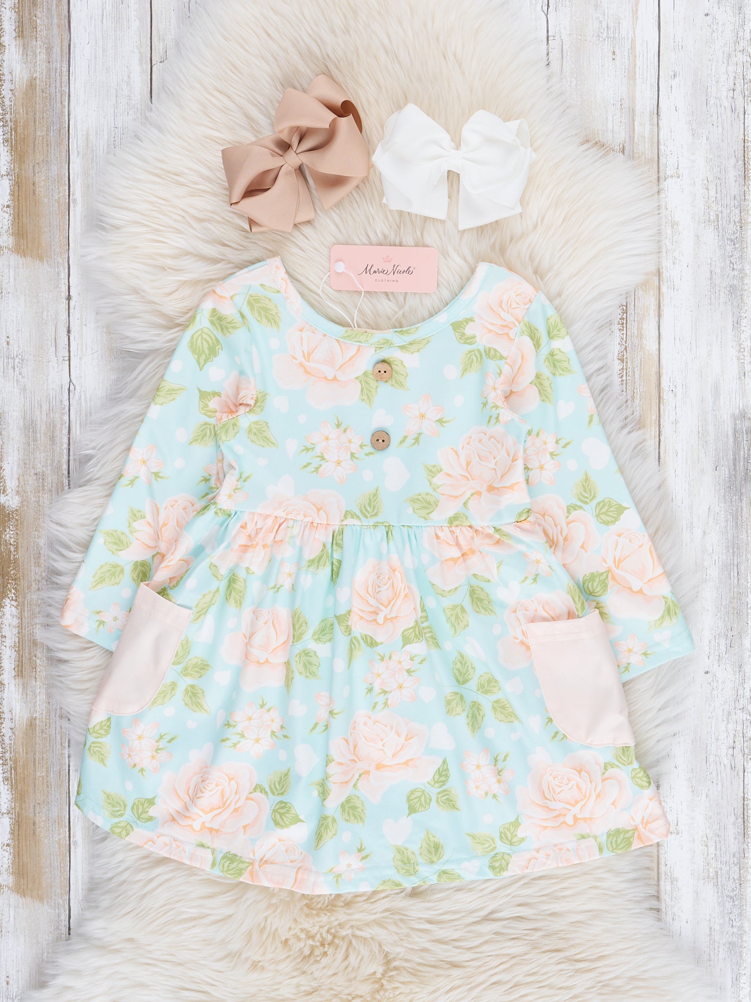 Peach Roses Button - Front Dress - Marie Nicole Clothing