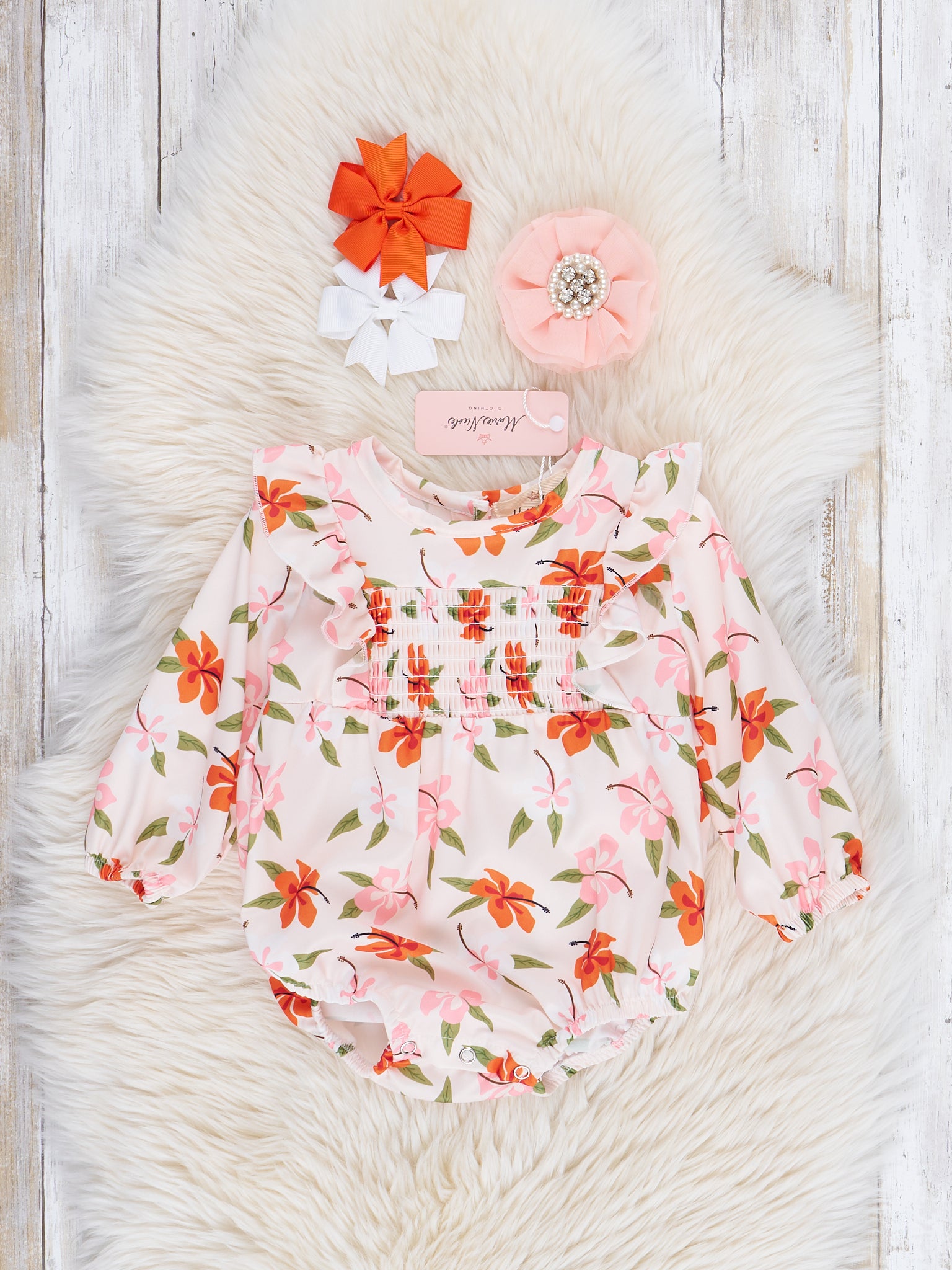 Pink & Orange Wildflowers Smocked Ruffle Bubble Romper - Marie Nicole Clothing