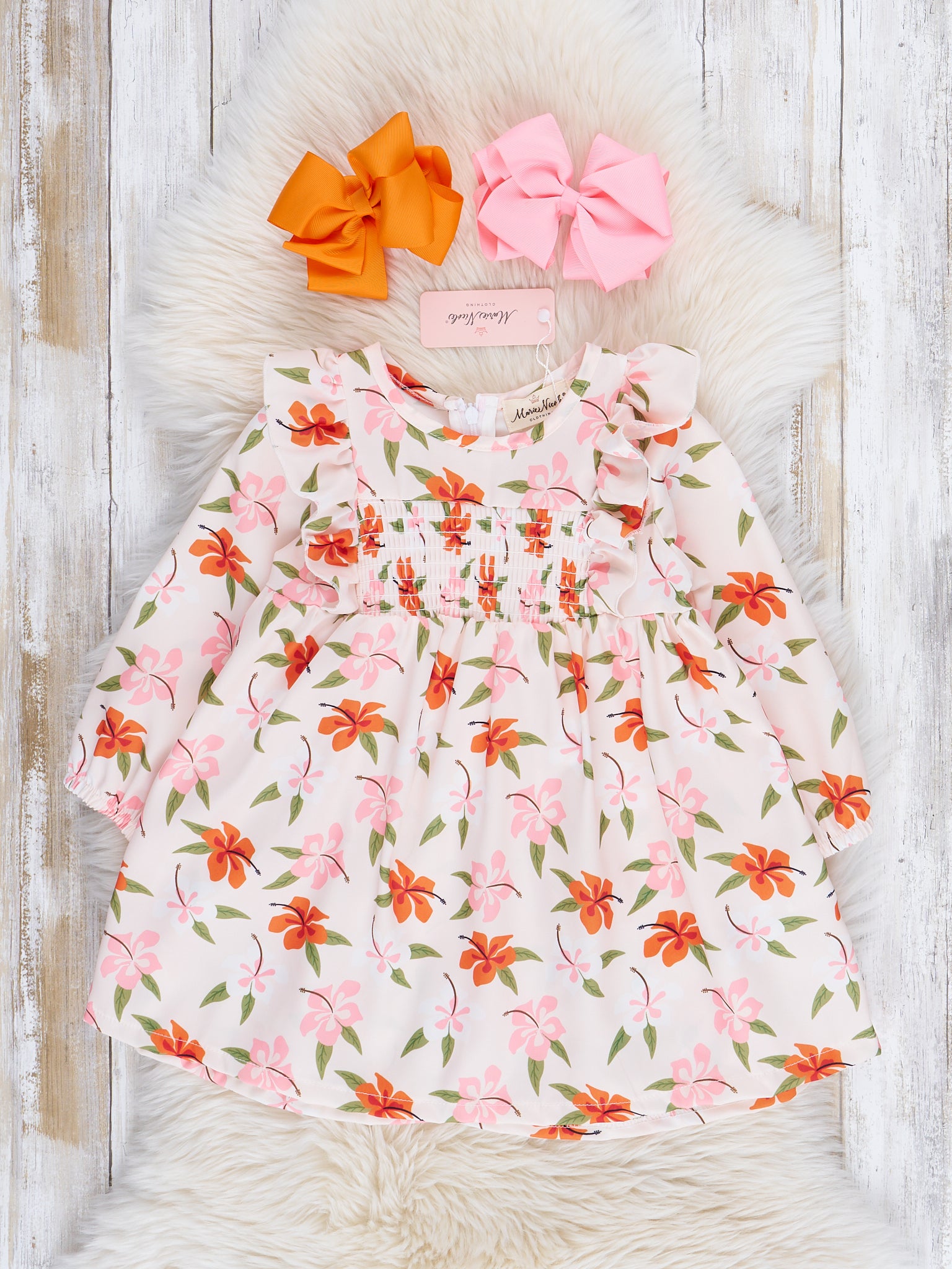 Pink & Orange Wildflowers Smocked Ruffle Dress - Marie Nicole Clothing