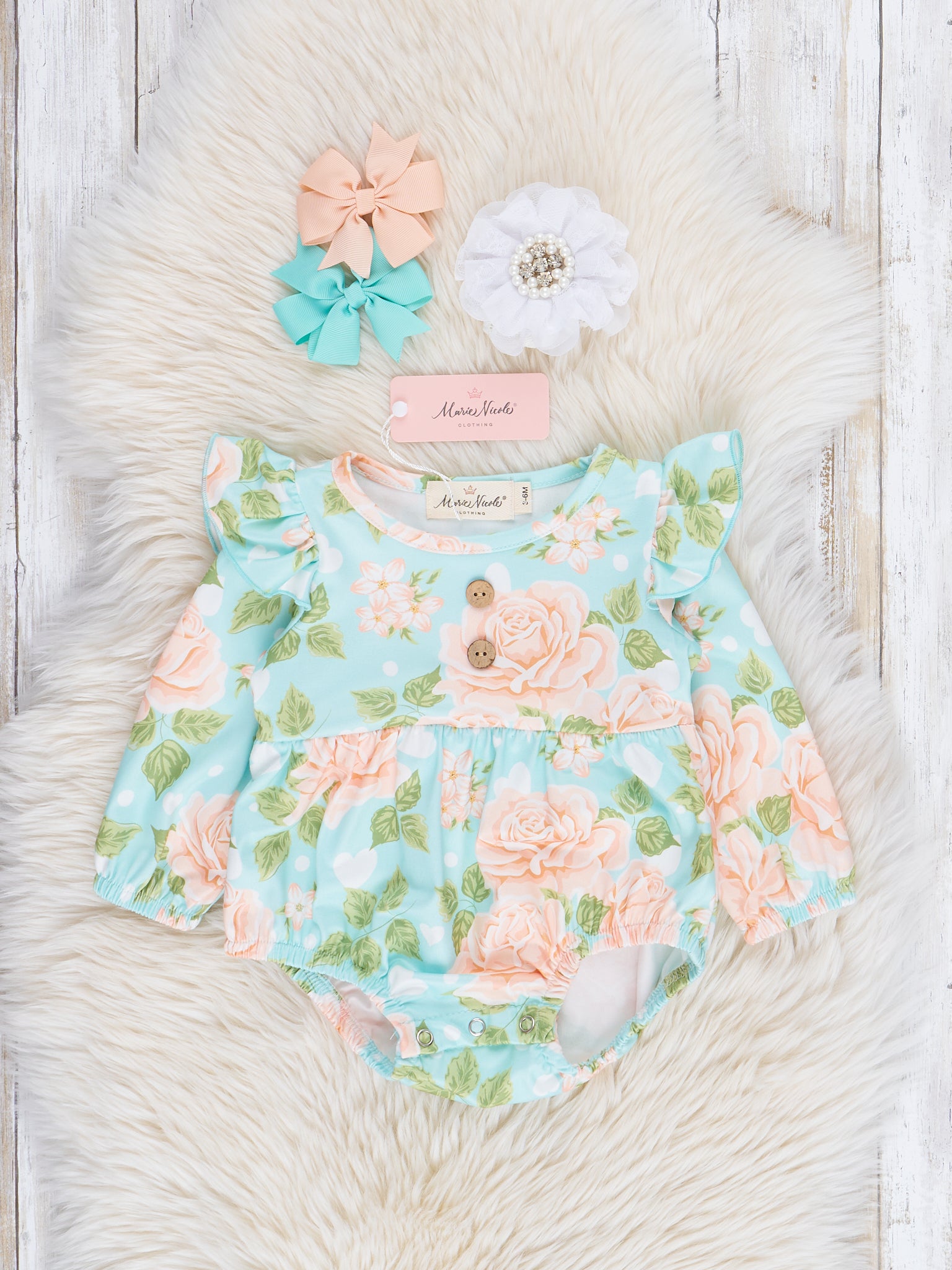 Peach Roses Ruffle Bubble Romper - Marie Nicole Clothing