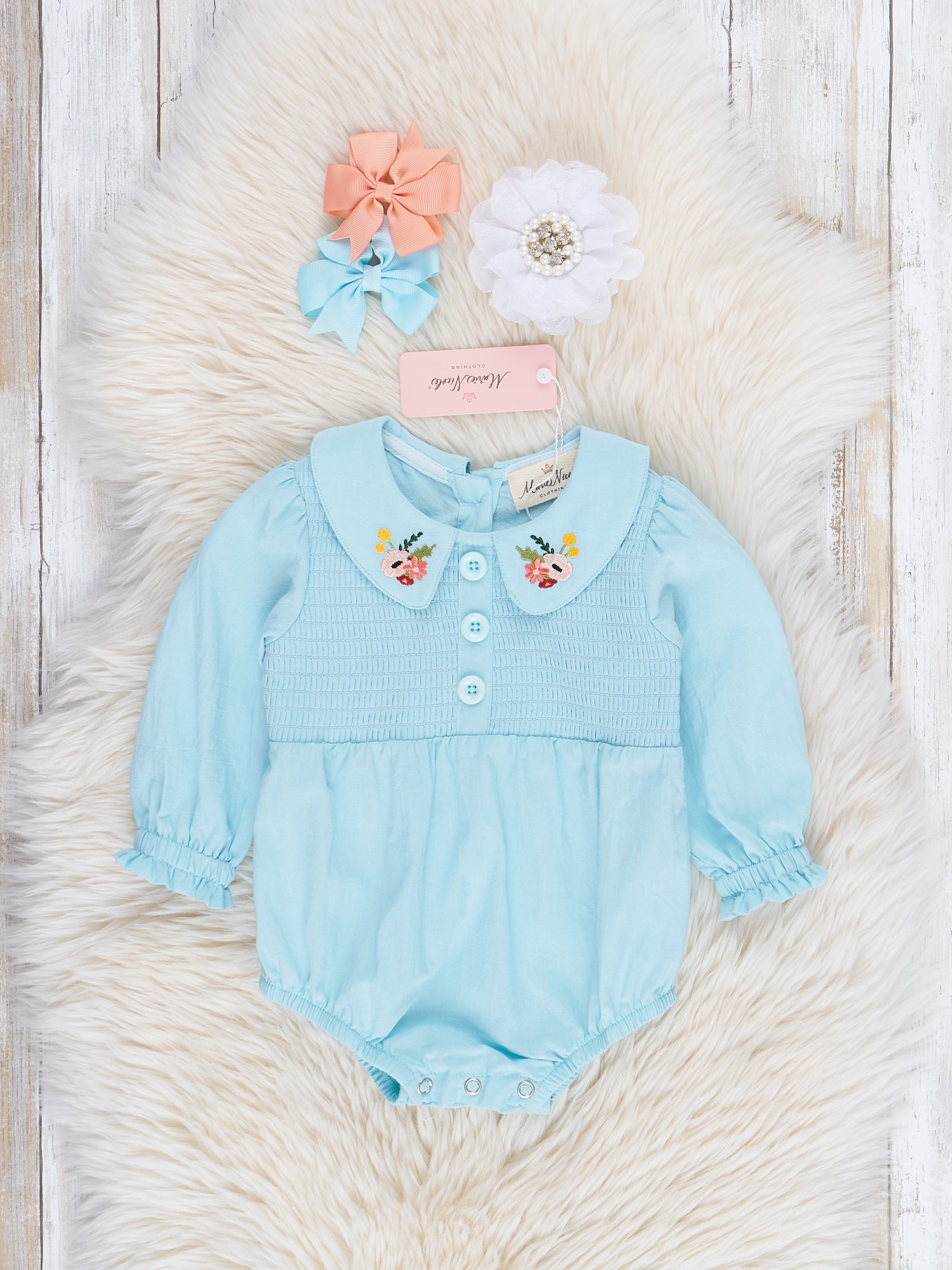 Blue Smocked Embroidered Blooms Bubble Romper - Marie Nicole Clothing