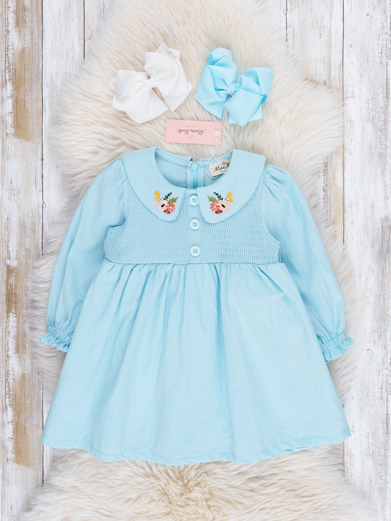 Blue Smocked Embroidered Blooms Dress - Marie Nicole Clothing