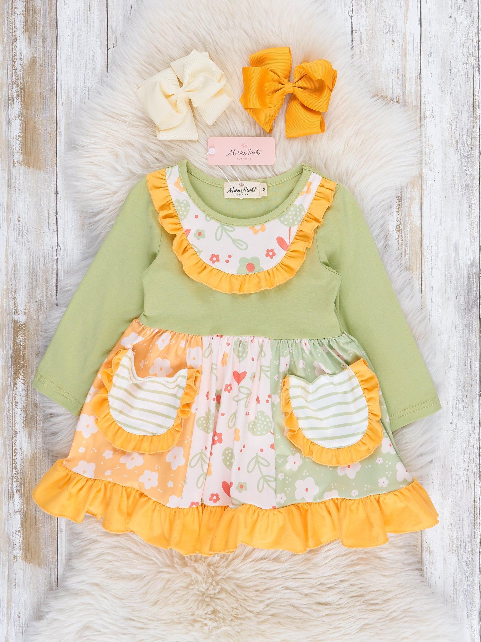 Green & Yellow Springtime Fun Ruffle Dress - Marie Nicole Clothing