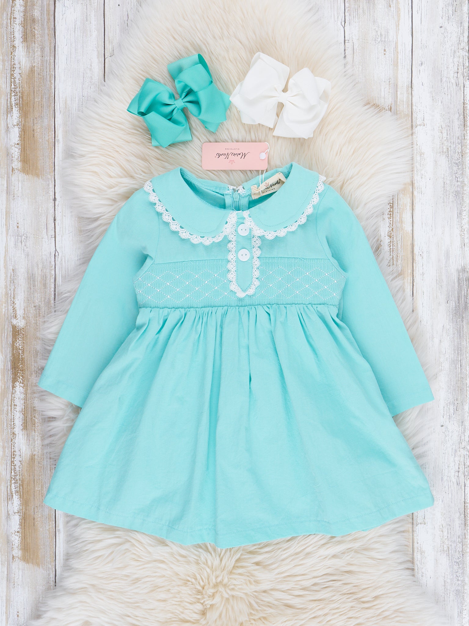 Teal Smocked Pom Pom Dress - Marie Nicole Clothing