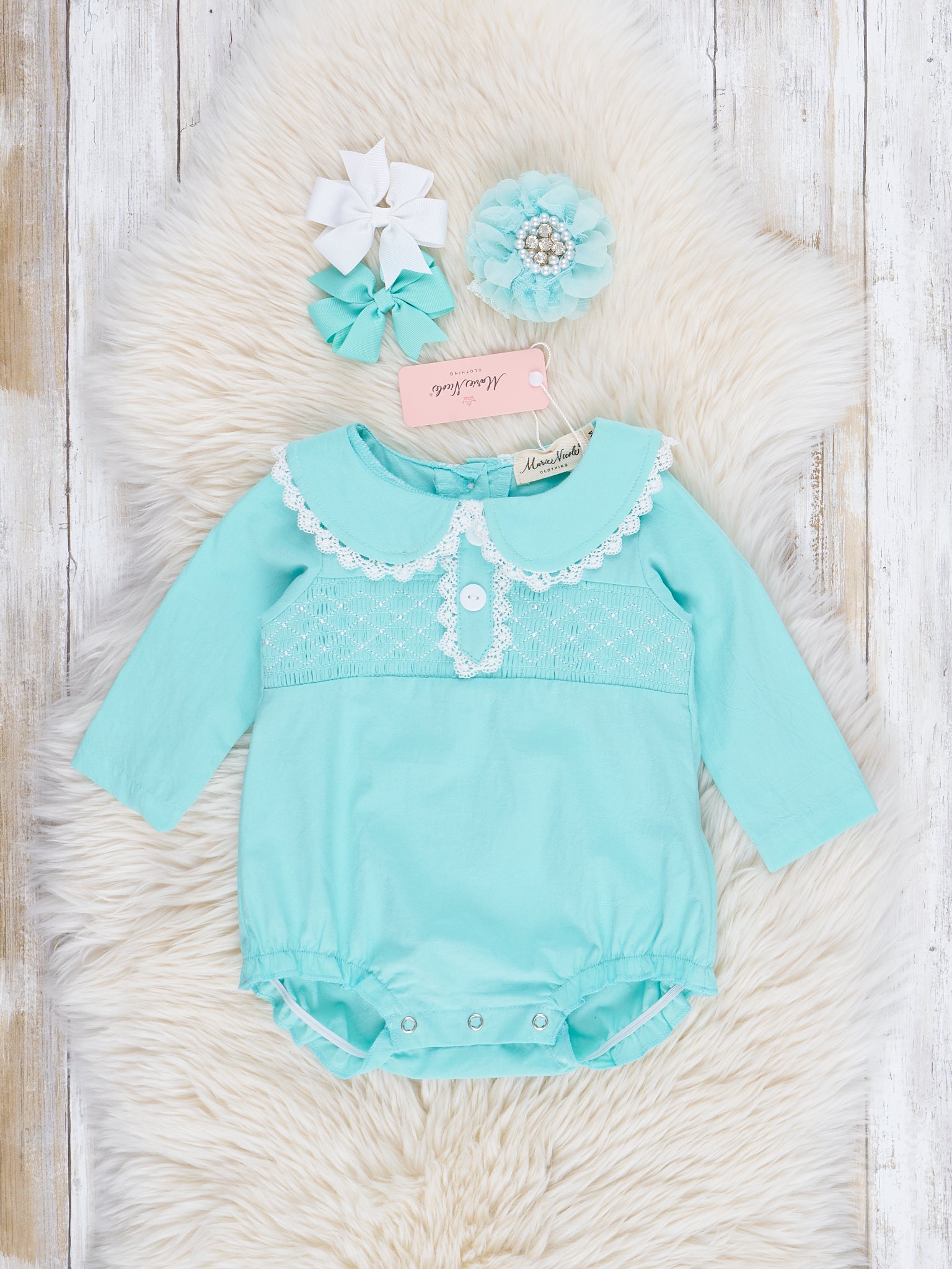 Teal Smocked Pom Pom Bubble Romper - Marie Nicole Clothing