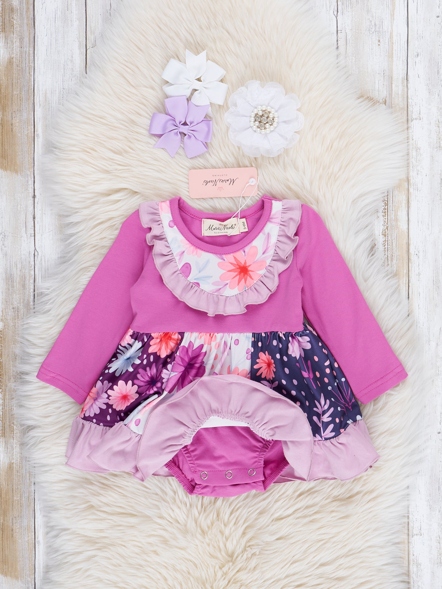 Purple Springtime Florals Ruffle Bubble Romper - Marie Nicole Clothing