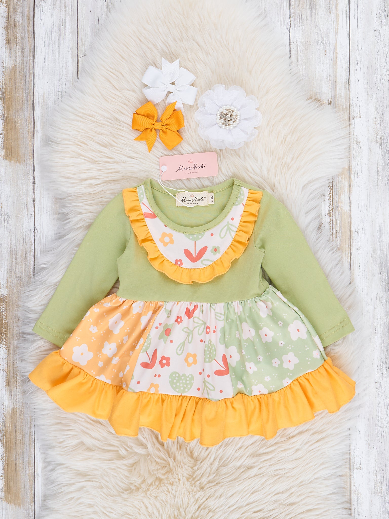Green & Yellow Springtime Fun Ruffle Bubble Romper - Marie Nicole Clothing