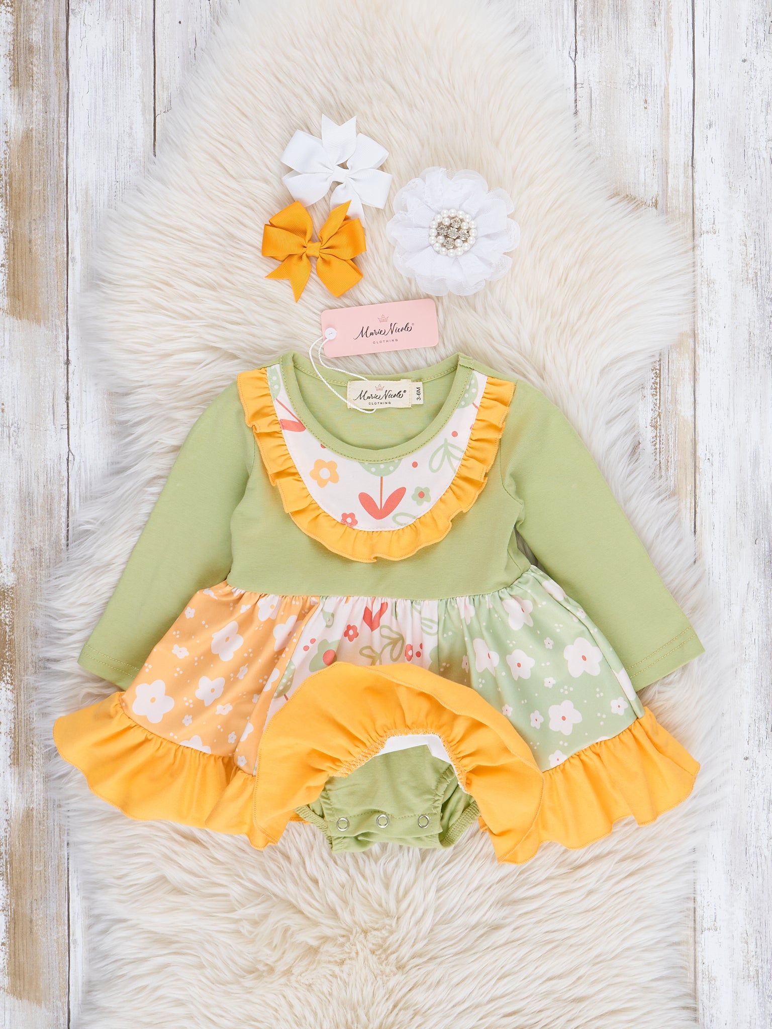 Green & Yellow Springtime Fun Ruffle Bubble Romper - Marie Nicole Clothing