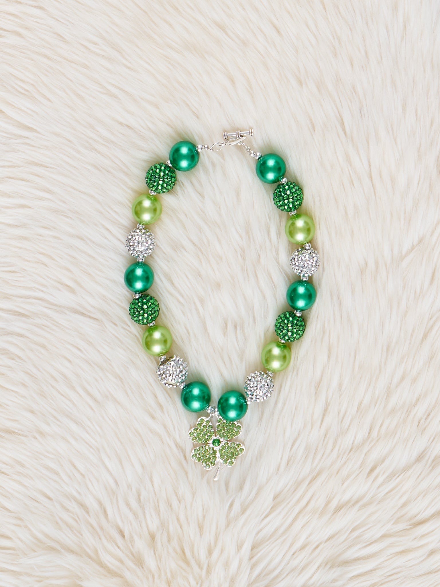 Emerald Sparkle Shamrock Charm Bubblegum Necklace - Marie Nicole Clothing