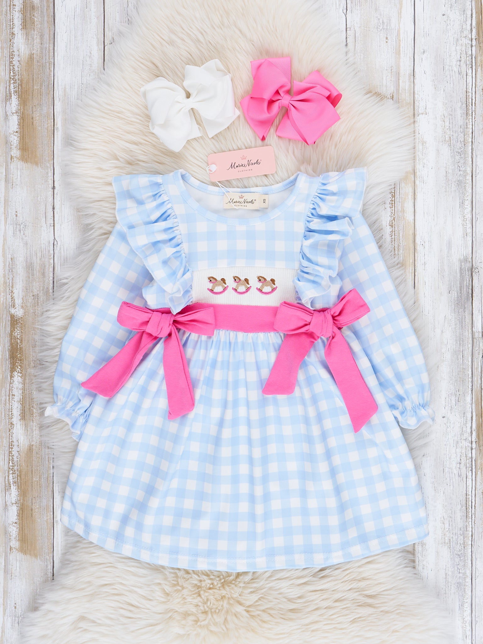 Light Blue Plaid Embroidered Rocking Horse Dress - Marie Nicole Clothing