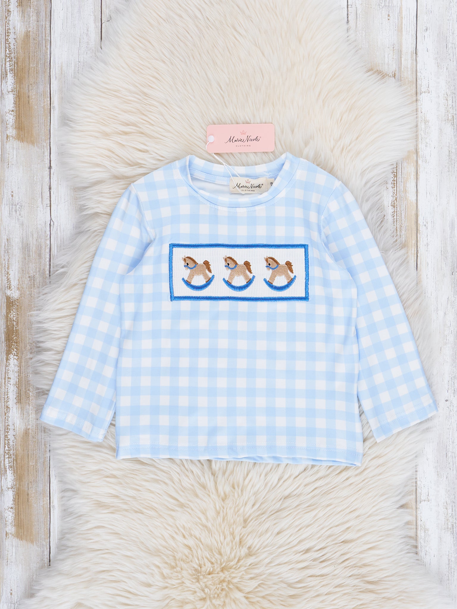 Light Blue Plaid Embroidered Rocking Horse Shirt - Marie Nicole Clothing