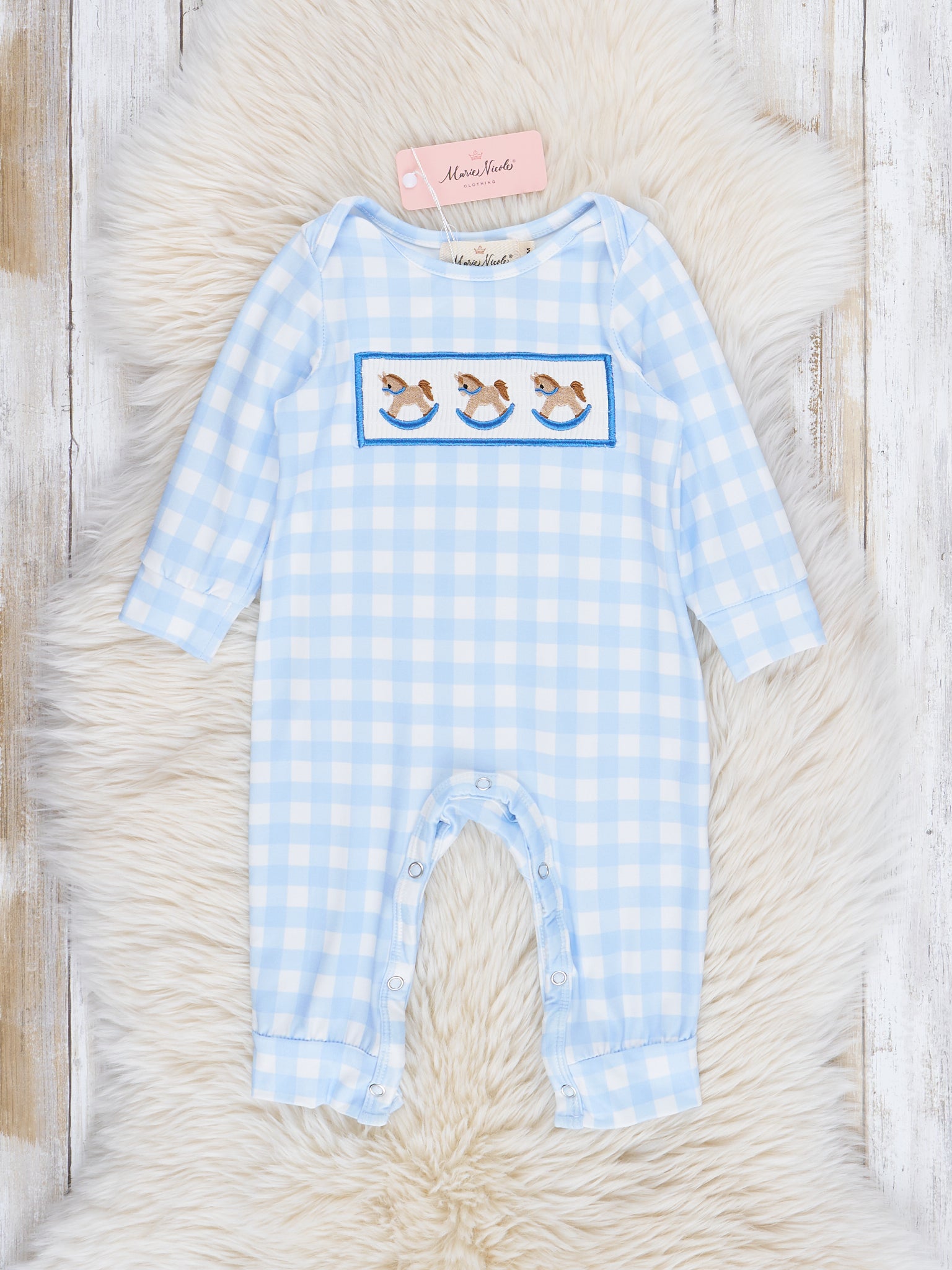 Light Blue Plaid Embroidered Rocking Horse Romper - Marie Nicole Clothing
