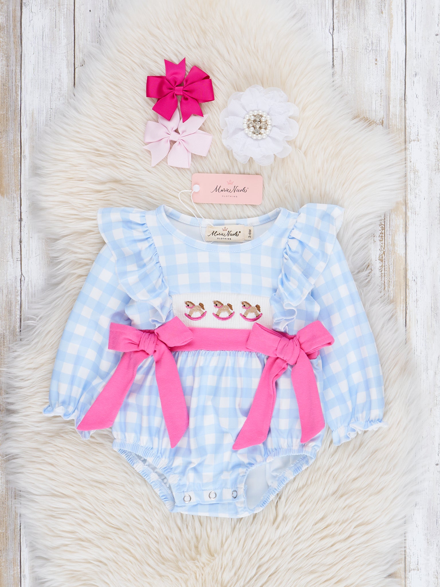 Light Blue Plaid Embroidered Rocking Horse Bubble Romper - Marie Nicole Clothing