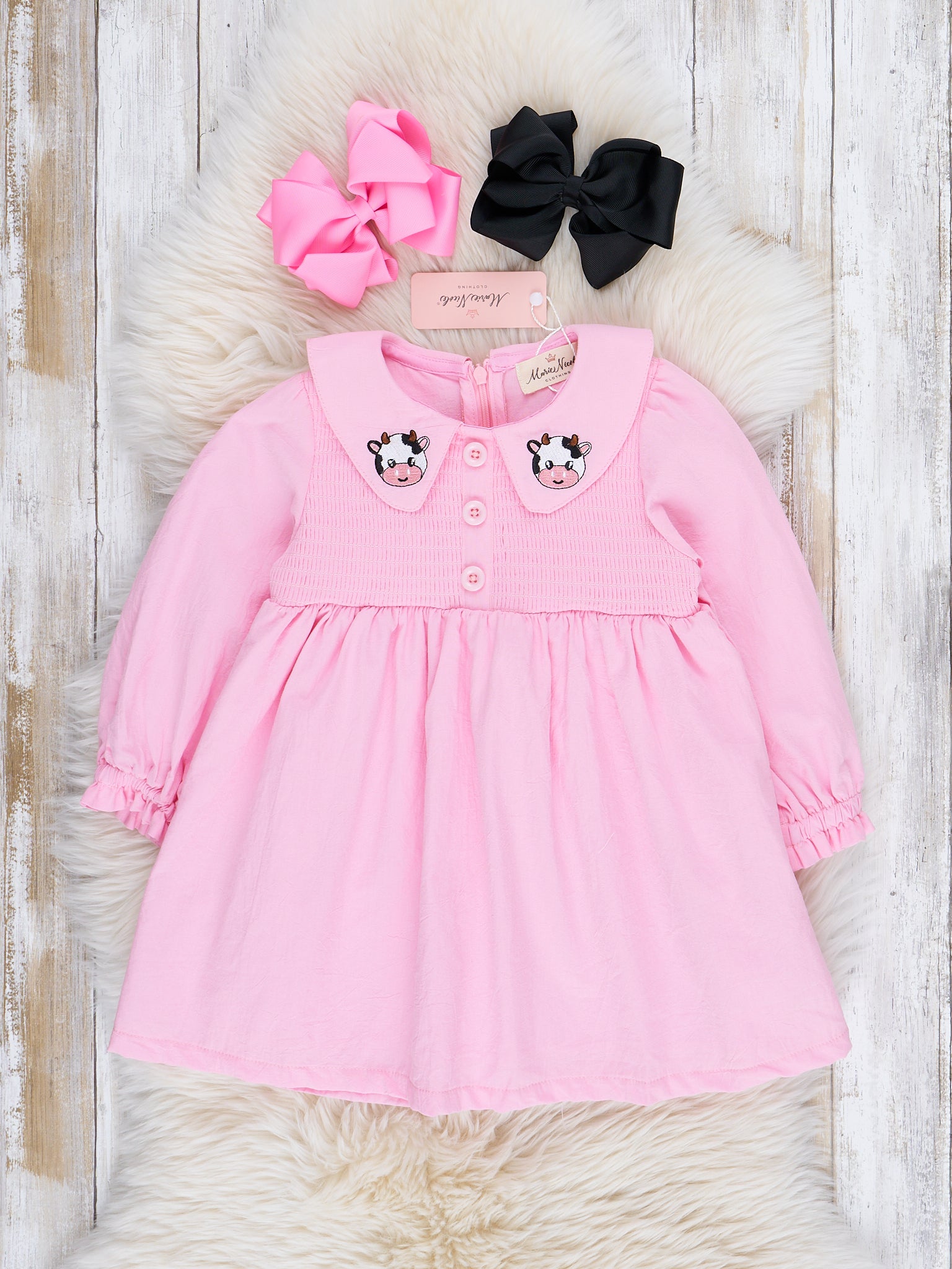 Pink Smocked Embroidered Cow Dress - Marie Nicole Clothing