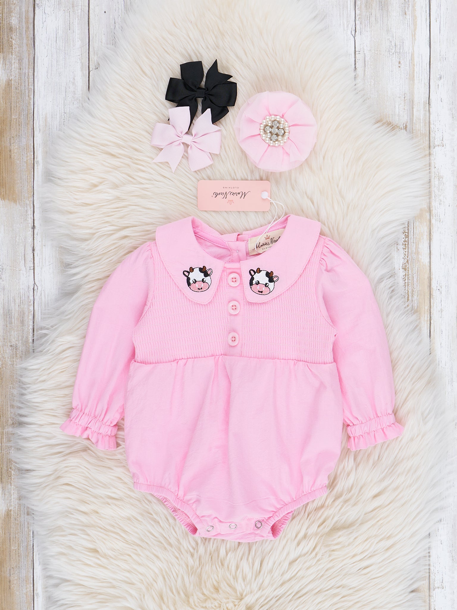 Pink Smocked Embroidered Cow Bubble Romper - Marie Nicole Clothing